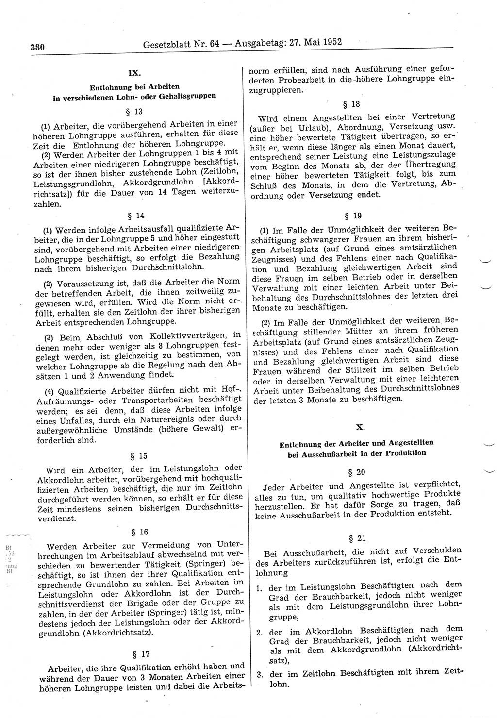 Gesetzblatt (GBl.) der Deutschen Demokratischen Republik (DDR) 1952, Seite 380 (GBl. DDR 1952, S. 380)