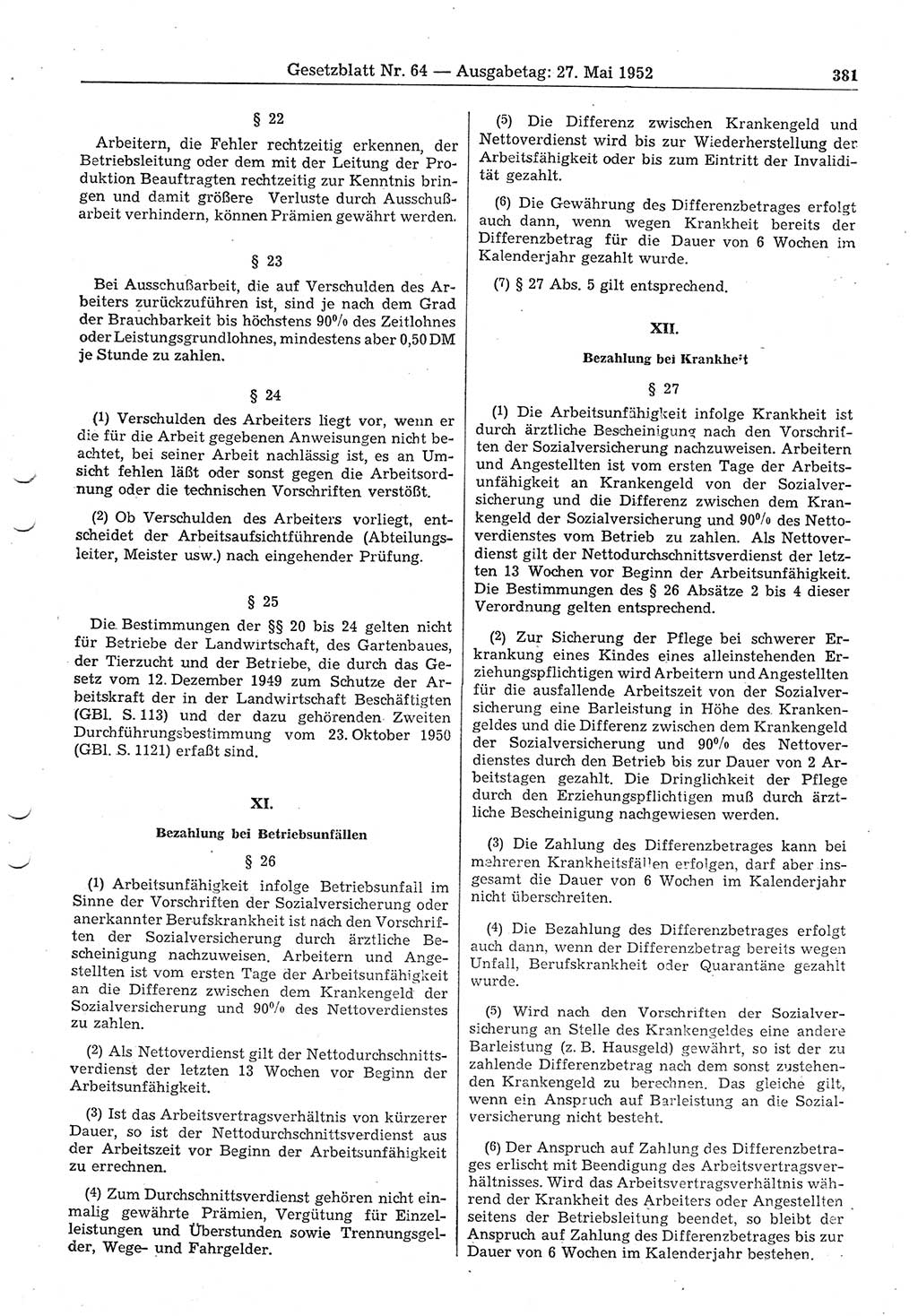 Gesetzblatt (GBl.) der Deutschen Demokratischen Republik (DDR) 1952, Seite 381 (GBl. DDR 1952, S. 381)