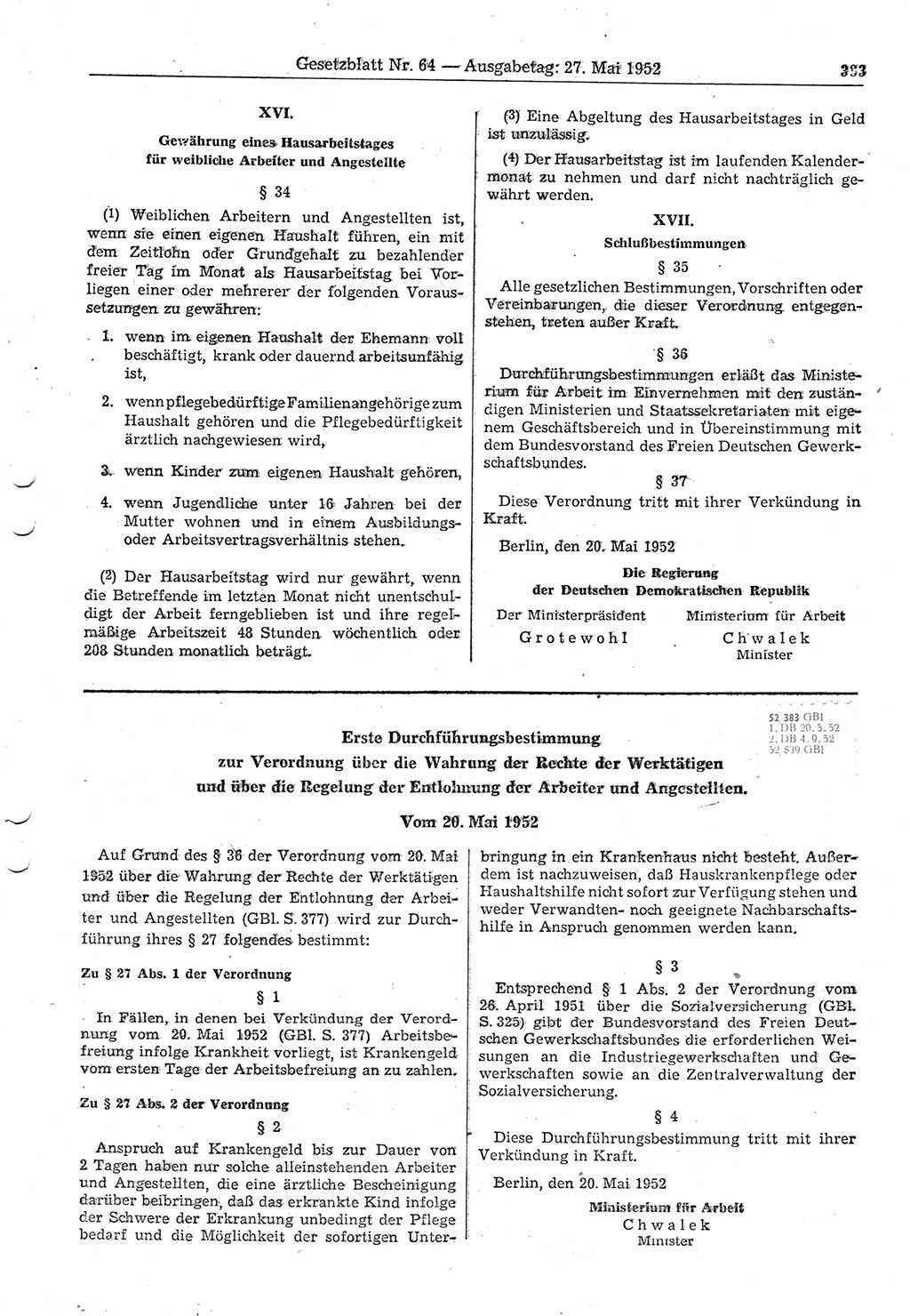 Gesetzblatt (GBl.) der Deutschen Demokratischen Republik (DDR) 1952, Seite 383 (GBl. DDR 1952, S. 383)