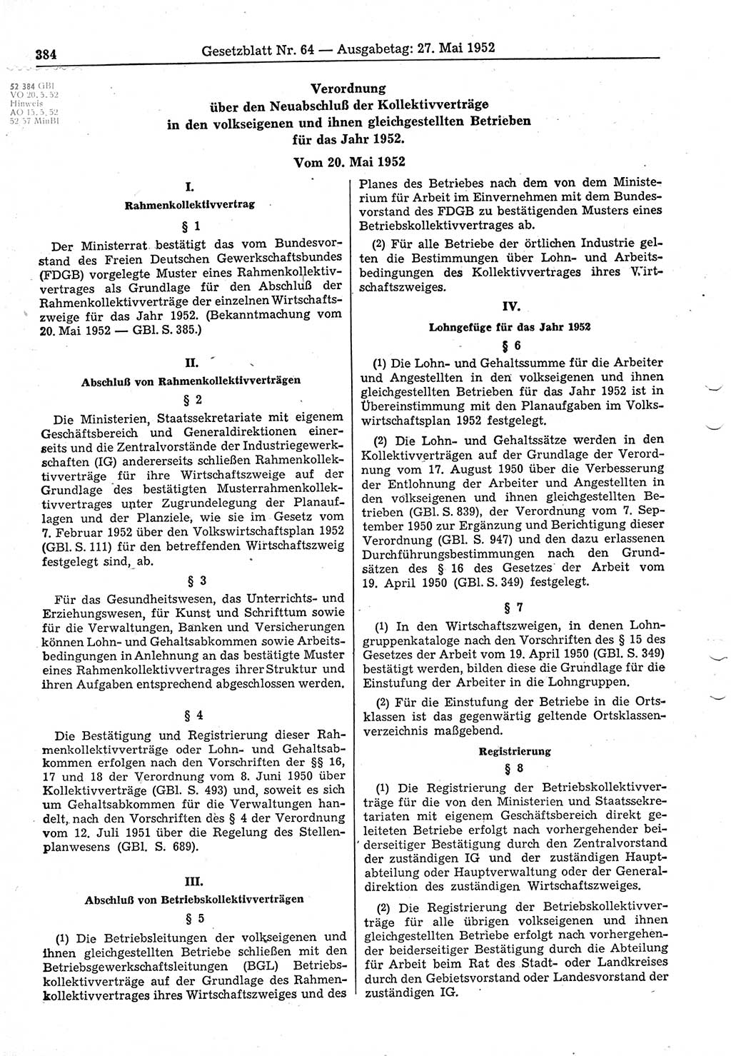 Gesetzblatt (GBl.) der Deutschen Demokratischen Republik (DDR) 1952, Seite 384 (GBl. DDR 1952, S. 384)