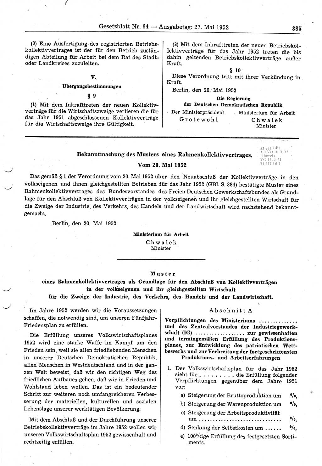 Gesetzblatt (GBl.) der Deutschen Demokratischen Republik (DDR) 1952, Seite 385 (GBl. DDR 1952, S. 385)