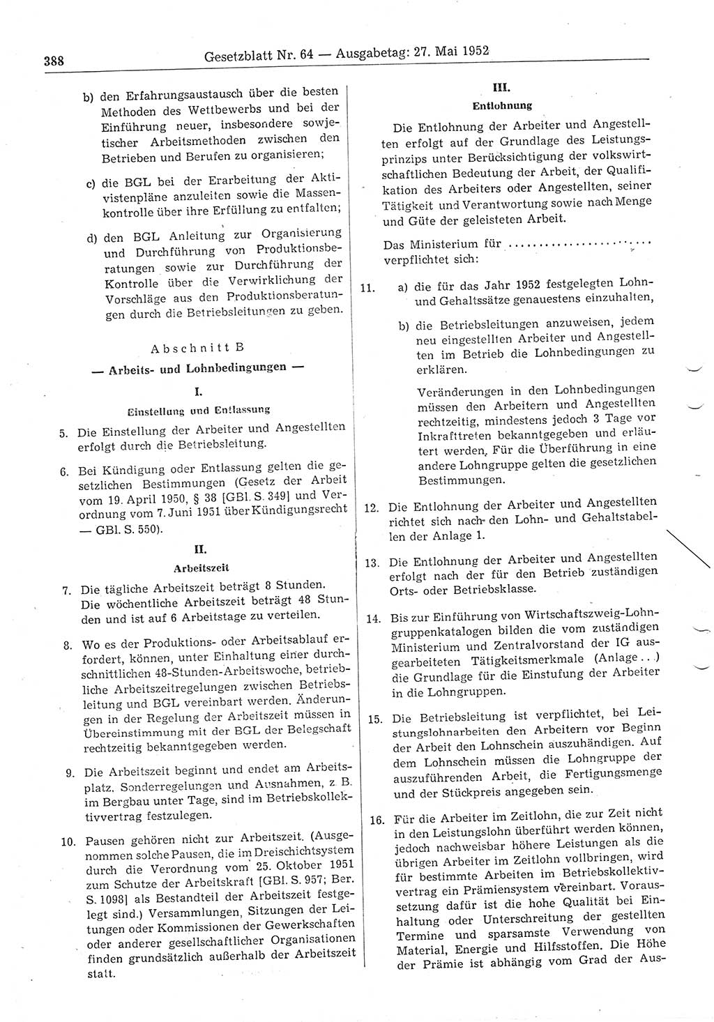 Gesetzblatt (GBl.) der Deutschen Demokratischen Republik (DDR) 1952, Seite 388 (GBl. DDR 1952, S. 388)
