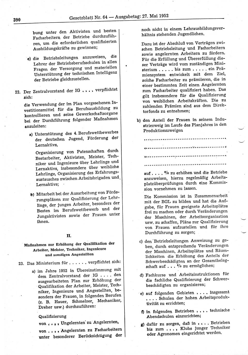Gesetzblatt (GBl.) der Deutschen Demokratischen Republik (DDR) 1952, Seite 390 (GBl. DDR 1952, S. 390)