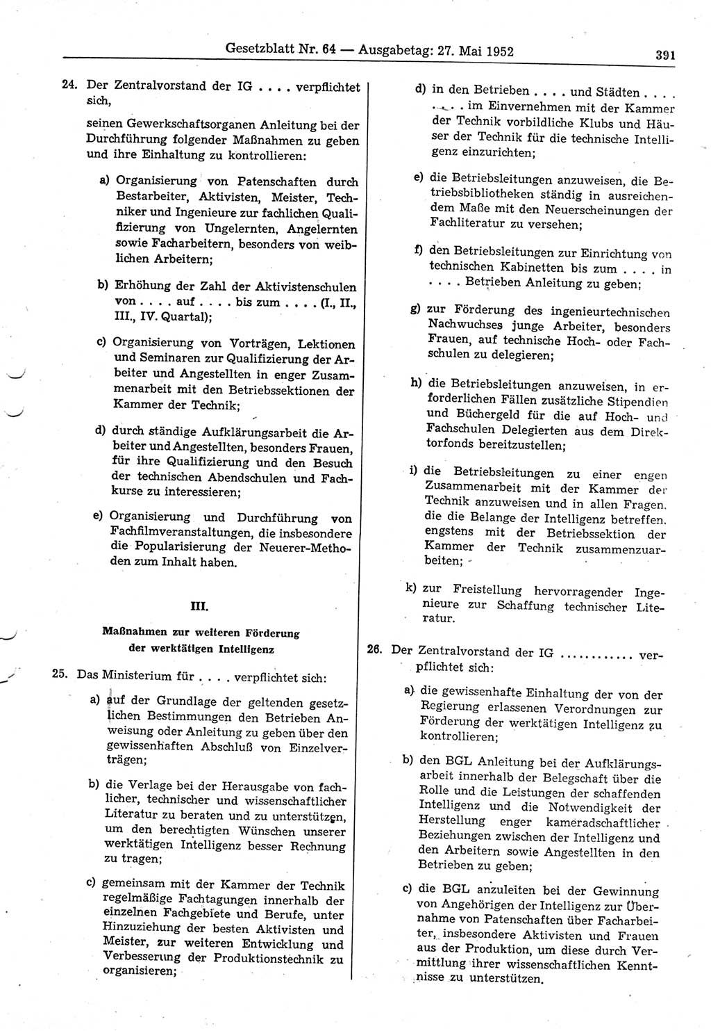 Gesetzblatt (GBl.) der Deutschen Demokratischen Republik (DDR) 1952, Seite 391 (GBl. DDR 1952, S. 391)