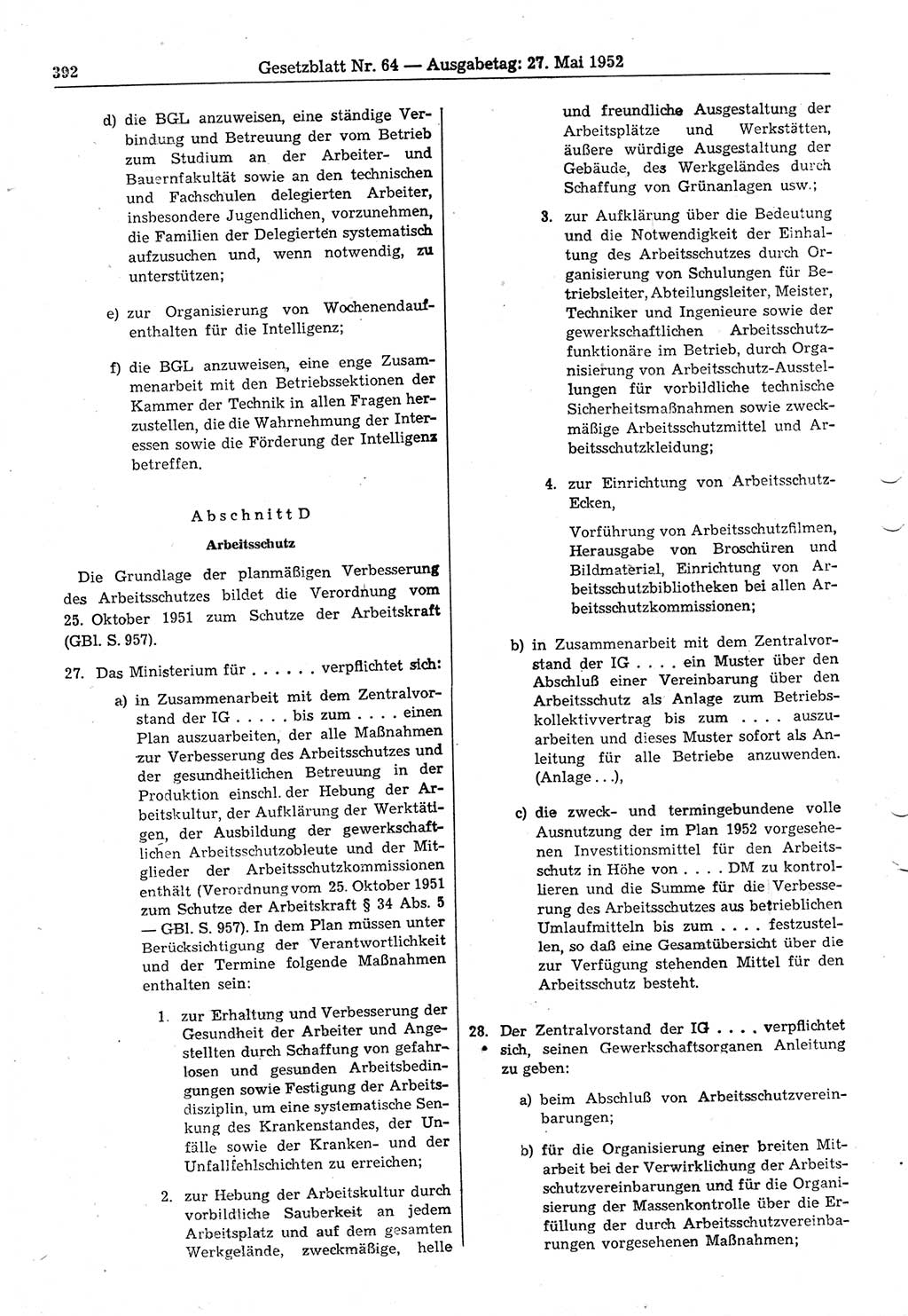 Gesetzblatt (GBl.) der Deutschen Demokratischen Republik (DDR) 1952, Seite 392 (GBl. DDR 1952, S. 392)