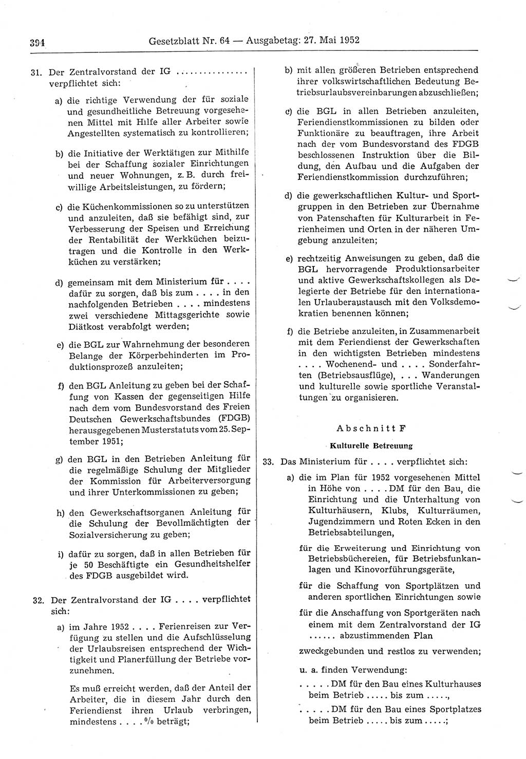 Gesetzblatt (GBl.) der Deutschen Demokratischen Republik (DDR) 1952, Seite 394 (GBl. DDR 1952, S. 394)