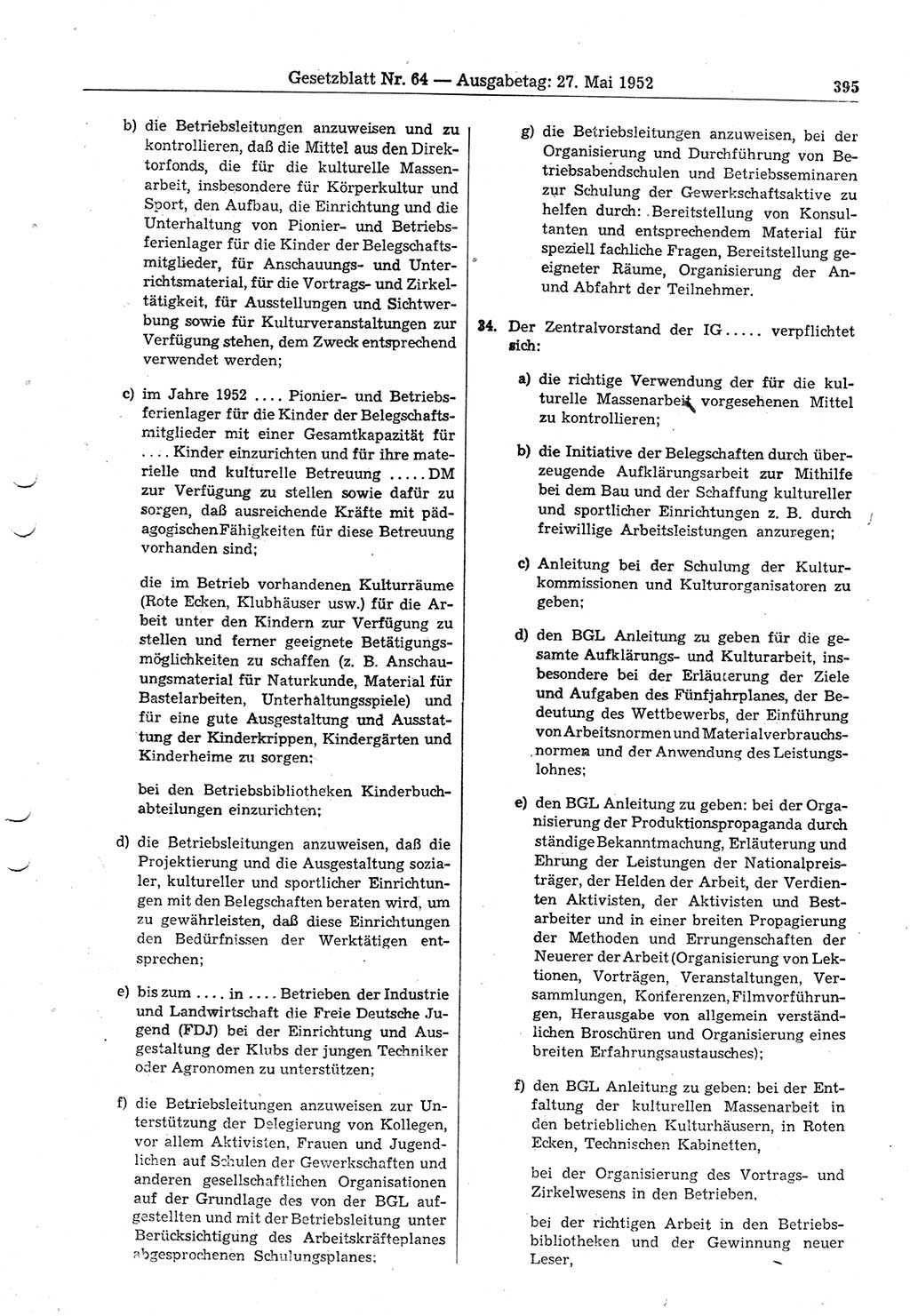 Gesetzblatt (GBl.) der Deutschen Demokratischen Republik (DDR) 1952, Seite 395 (GBl. DDR 1952, S. 395)