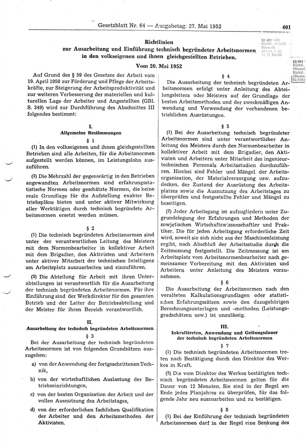 Gesetzblatt (GBl.) der Deutschen Demokratischen Republik (DDR) 1952, Seite 401 (GBl. DDR 1952, S. 401)