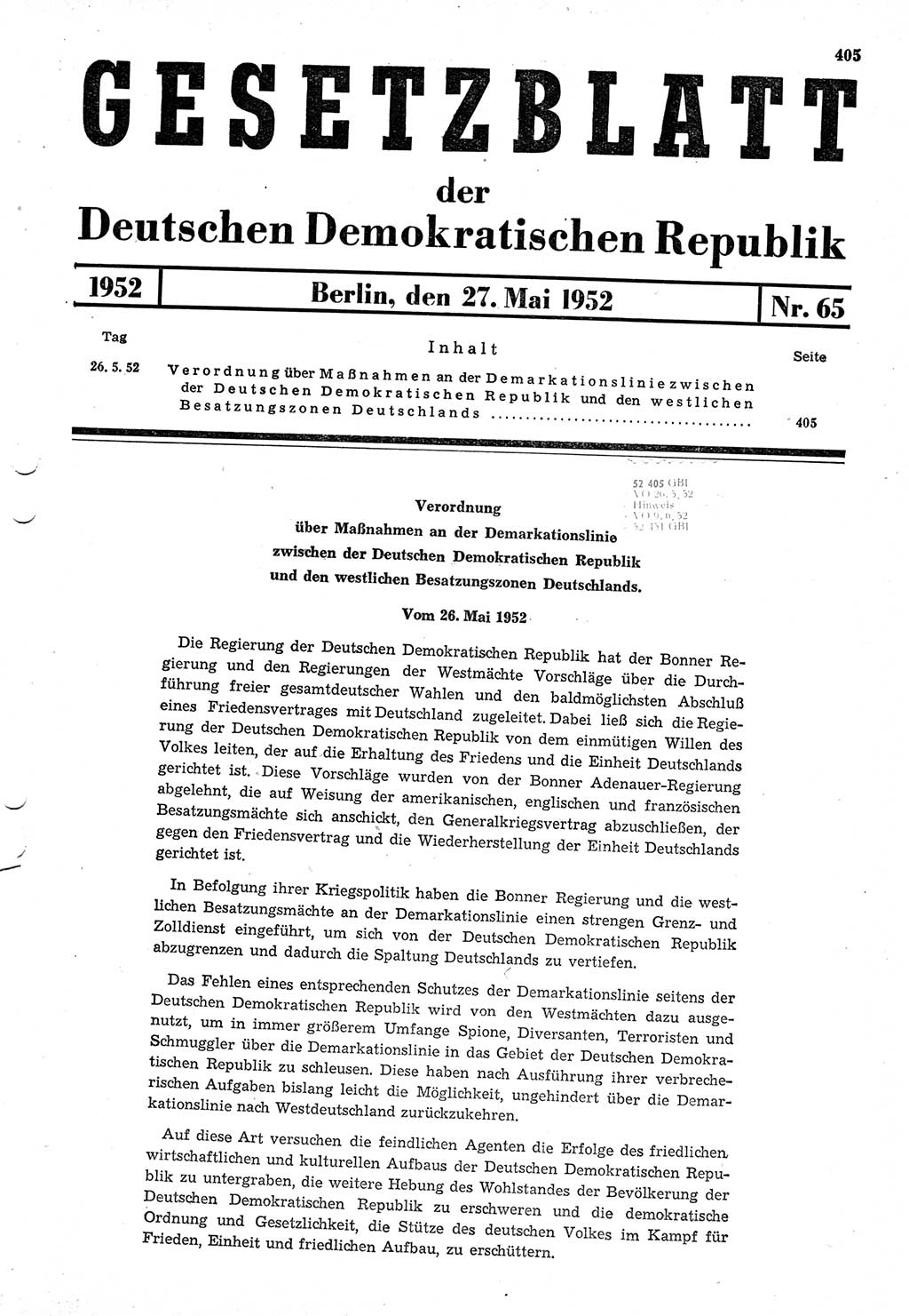 Gesetzblatt (GBl.) der Deutschen Demokratischen Republik (DDR) 1952, Seite 405 (GBl. DDR 1952, S. 405)