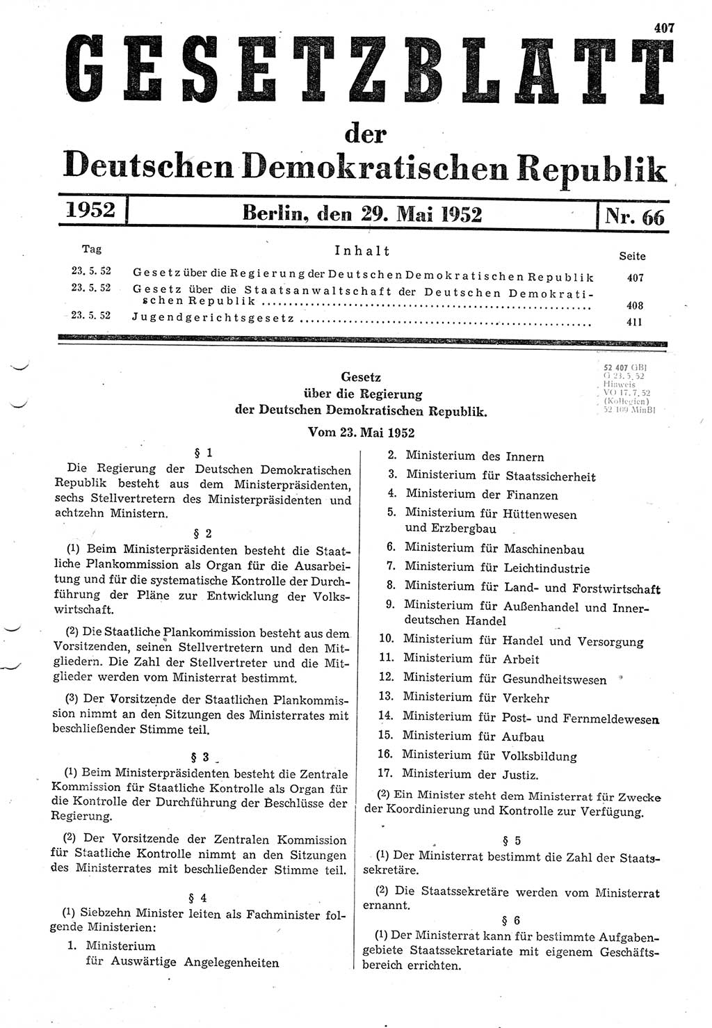 Gesetzblatt (GBl.) der Deutschen Demokratischen Republik (DDR) 1952, Seite 407 (GBl. DDR 1952, S. 407)