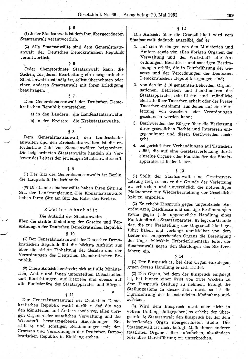 Gesetzblatt (GBl.) der Deutschen Demokratischen Republik (DDR) 1952, Seite 409 (GBl. DDR 1952, S. 409)