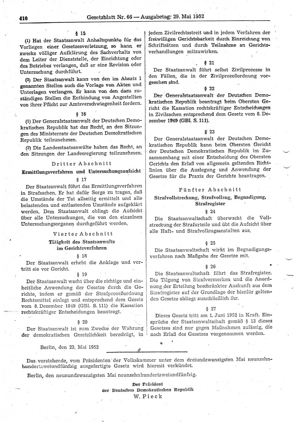 Gesetzblatt (GBl.) der Deutschen Demokratischen Republik (DDR) 1952, Seite 410 (GBl. DDR 1952, S. 410)