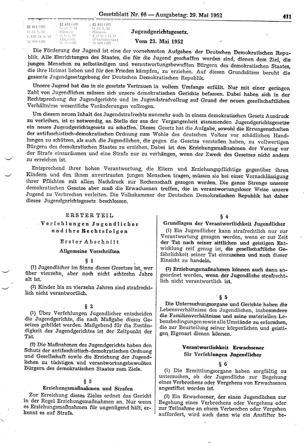 Gesetzblatt (GBl.) der Deutschen Demokratischen Republik (DDR) 1952, Seite 411 (GBl. DDR 1952, S. 411)