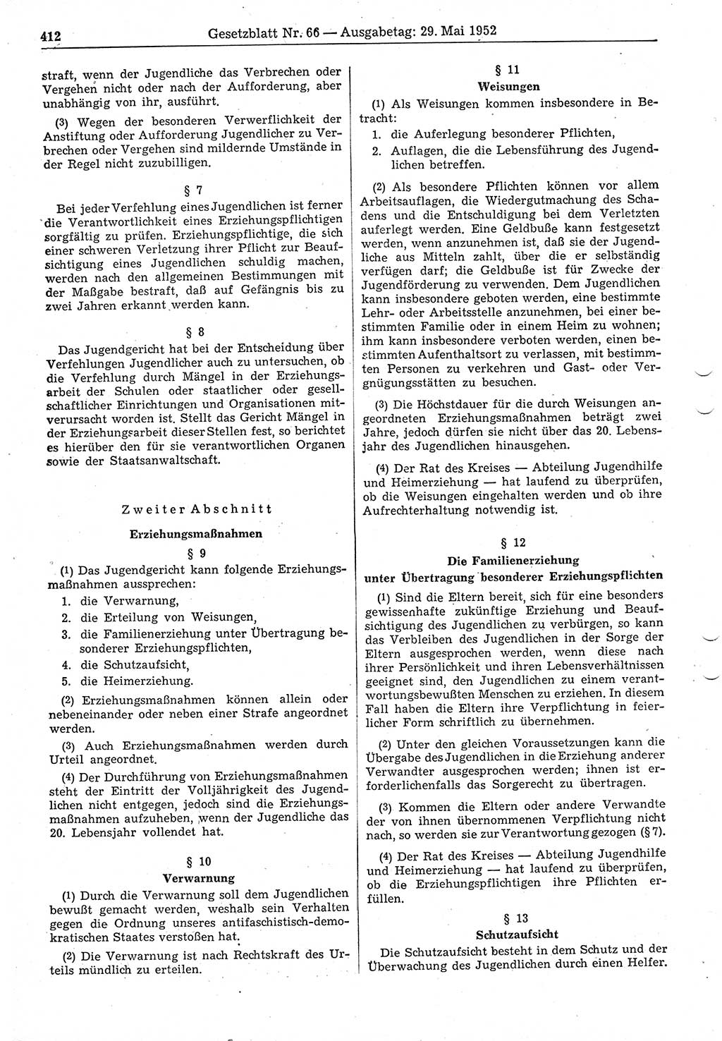 Gesetzblatt (GBl.) der Deutschen Demokratischen Republik (DDR) 1952, Seite 412 (GBl. DDR 1952, S. 412)
