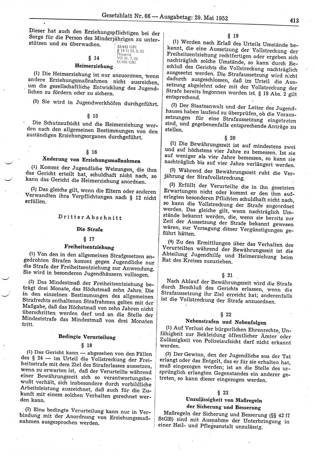 Gesetzblatt (GBl.) der Deutschen Demokratischen Republik (DDR) 1952, Seite 413 (GBl. DDR 1952, S. 413)