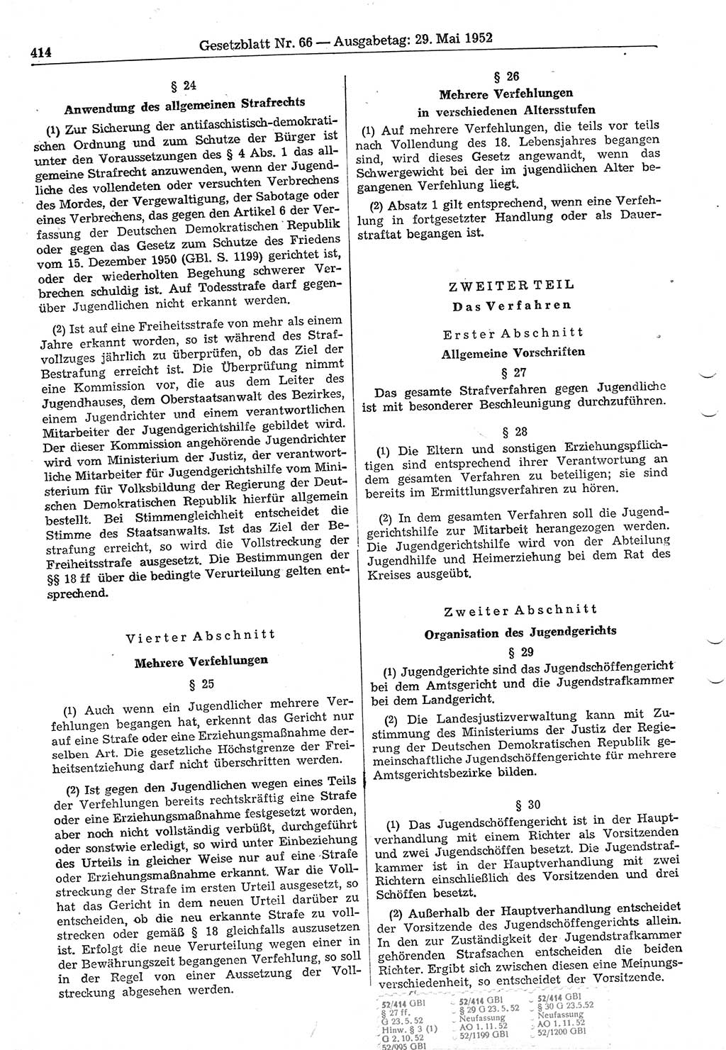 Gesetzblatt (GBl.) der Deutschen Demokratischen Republik (DDR) 1952, Seite 414 (GBl. DDR 1952, S. 414)