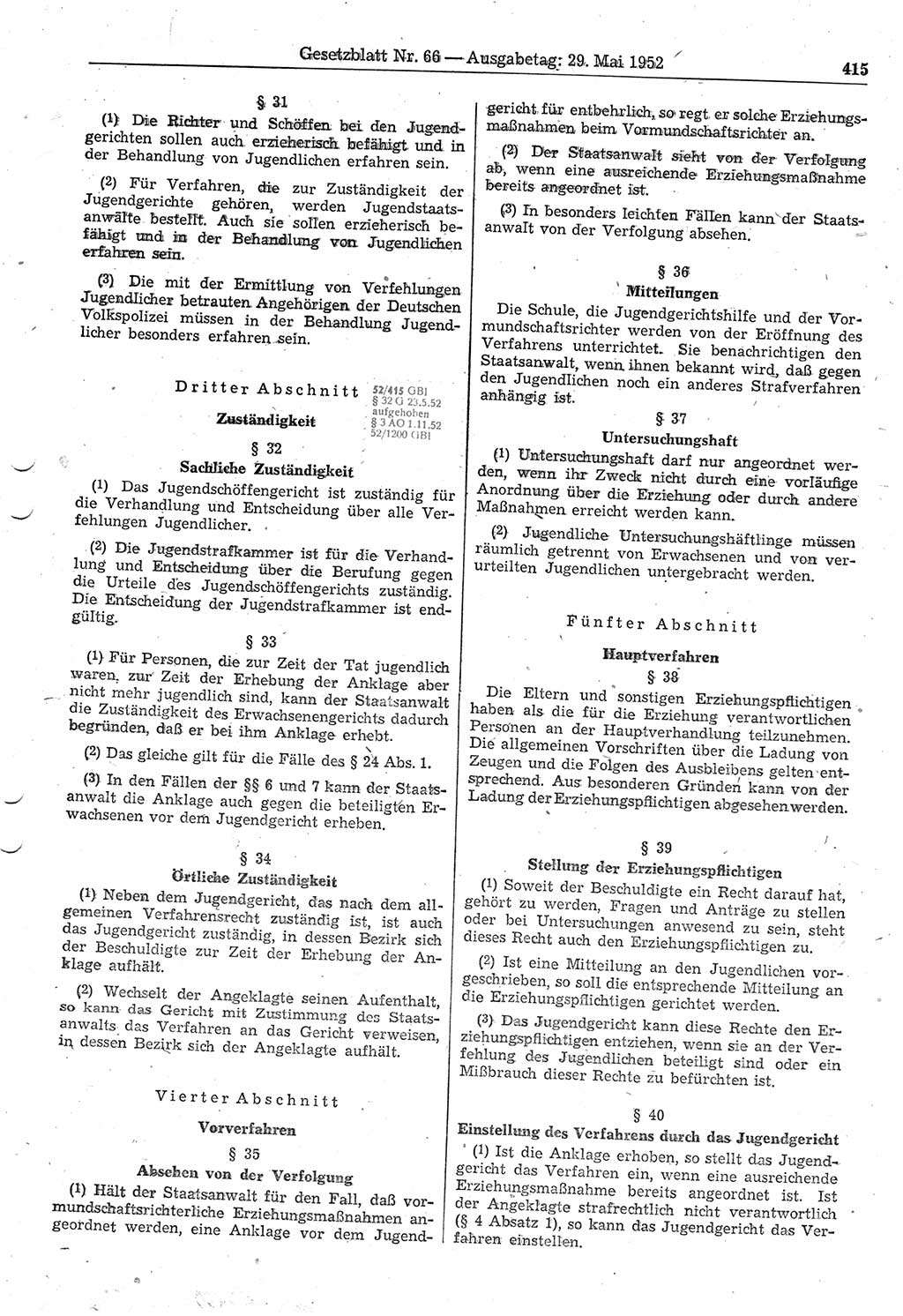 Gesetzblatt (GBl.) der Deutschen Demokratischen Republik (DDR) 1952, Seite 415 (GBl. DDR 1952, S. 415)