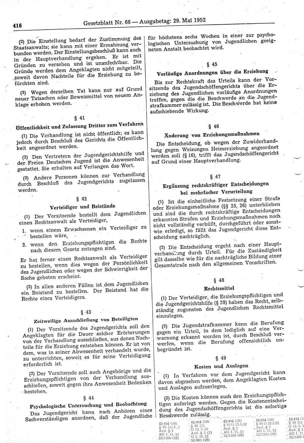 Gesetzblatt (GBl.) der Deutschen Demokratischen Republik (DDR) 1952, Seite 416 (GBl. DDR 1952, S. 416)