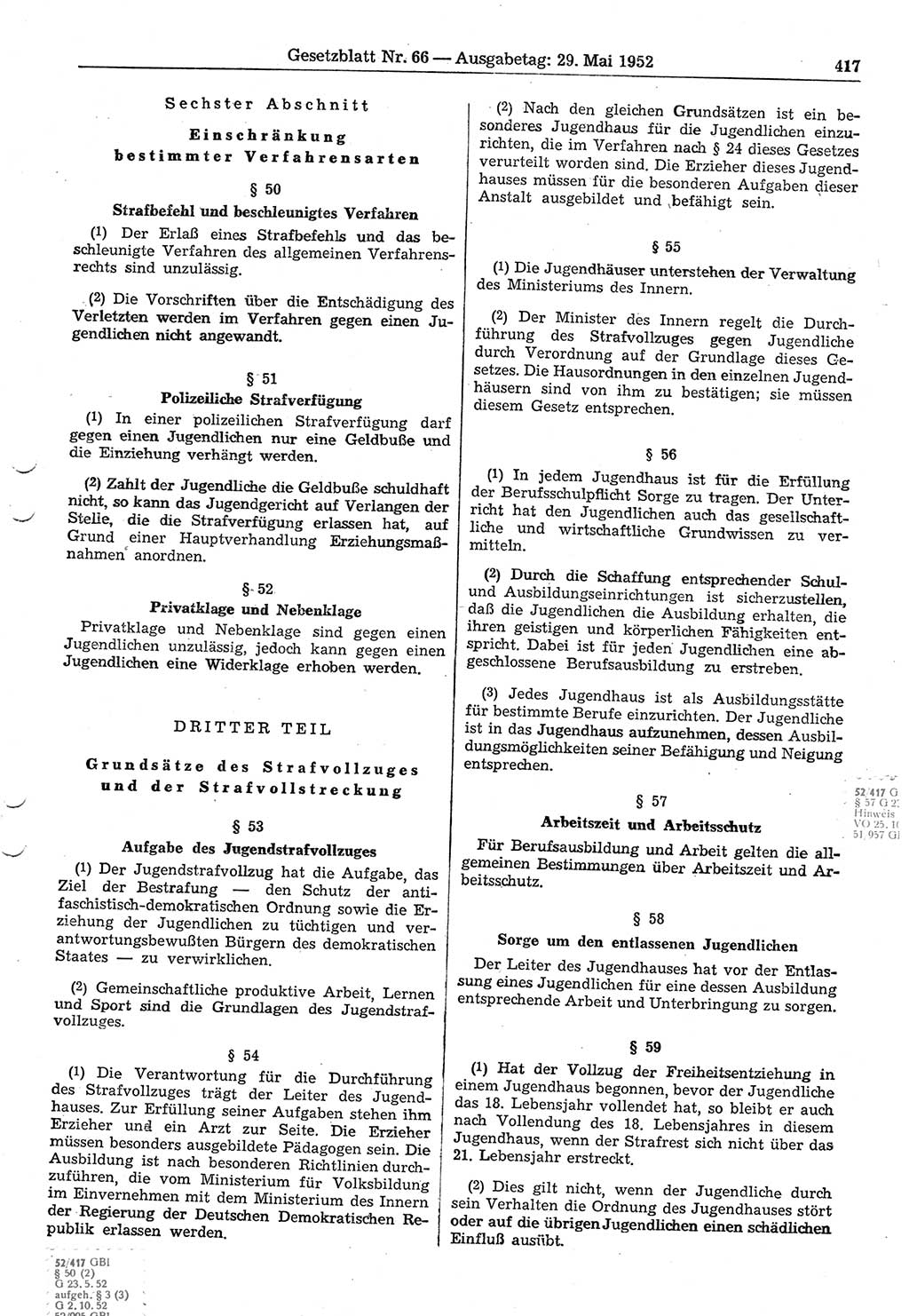 Gesetzblatt (GBl.) der Deutschen Demokratischen Republik (DDR) 1952, Seite 417 (GBl. DDR 1952, S. 417)