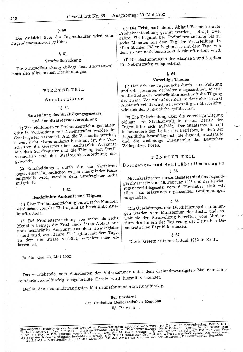 Gesetzblatt (GBl.) der Deutschen Demokratischen Republik (DDR) 1952, Seite 418 (GBl. DDR 1952, S. 418)