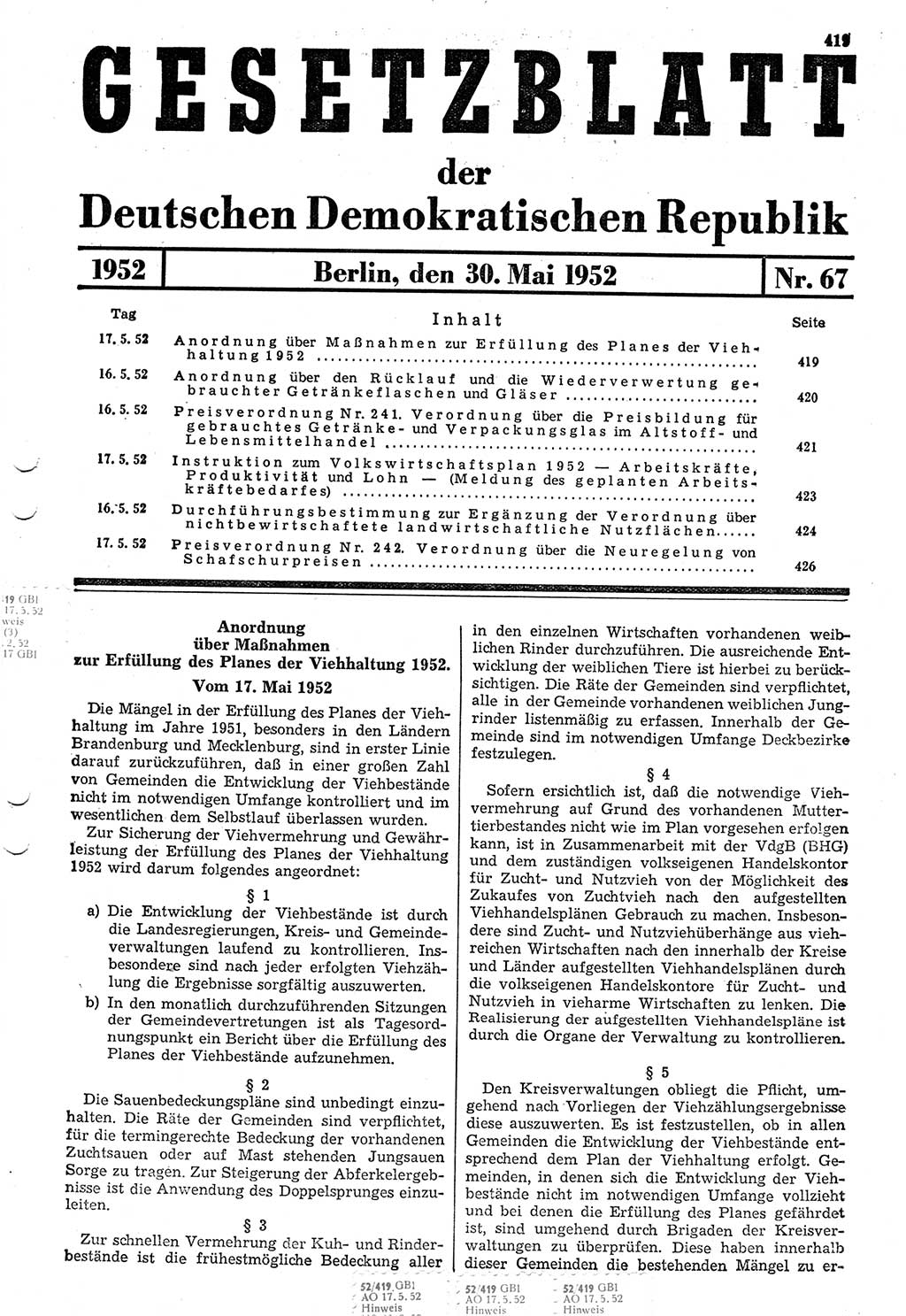Gesetzblatt (GBl.) der Deutschen Demokratischen Republik (DDR) 1952, Seite 419 (GBl. DDR 1952, S. 419)