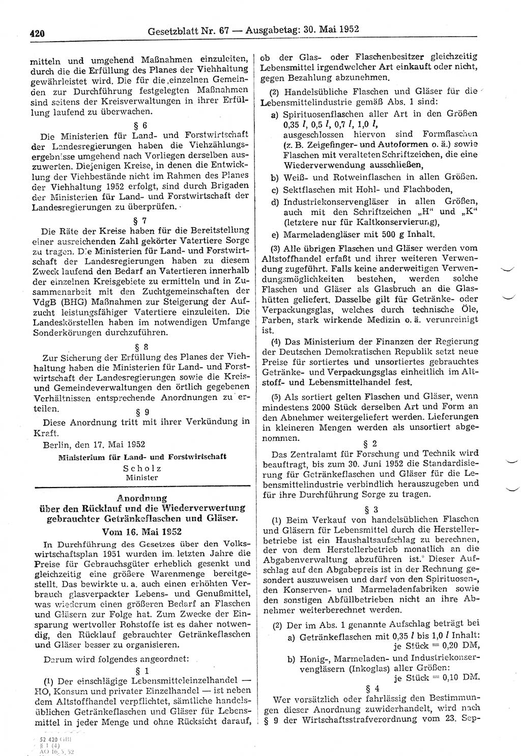 Gesetzblatt (GBl.) der Deutschen Demokratischen Republik (DDR) 1952, Seite 420 (GBl. DDR 1952, S. 420)