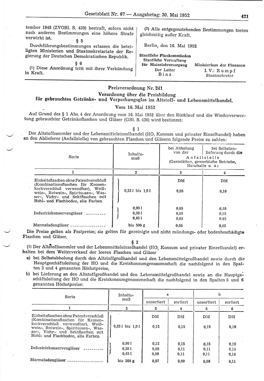 Gesetzblatt (GBl.) der Deutschen Demokratischen Republik (DDR) 1952, Seite 421 (GBl. DDR 1952, S. 421)