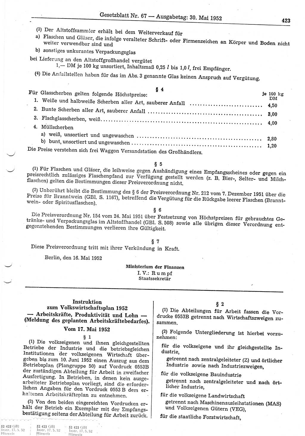 Gesetzblatt (GBl.) der Deutschen Demokratischen Republik (DDR) 1952, Seite 423 (GBl. DDR 1952, S. 423)