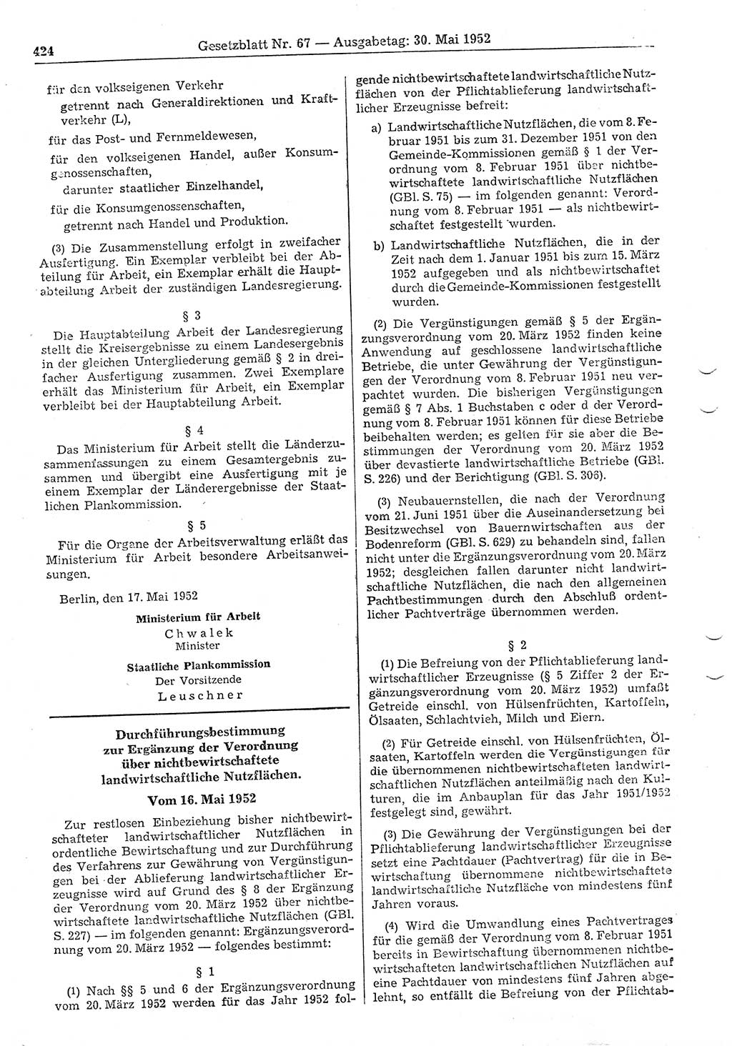 Gesetzblatt (GBl.) der Deutschen Demokratischen Republik (DDR) 1952, Seite 424 (GBl. DDR 1952, S. 424)