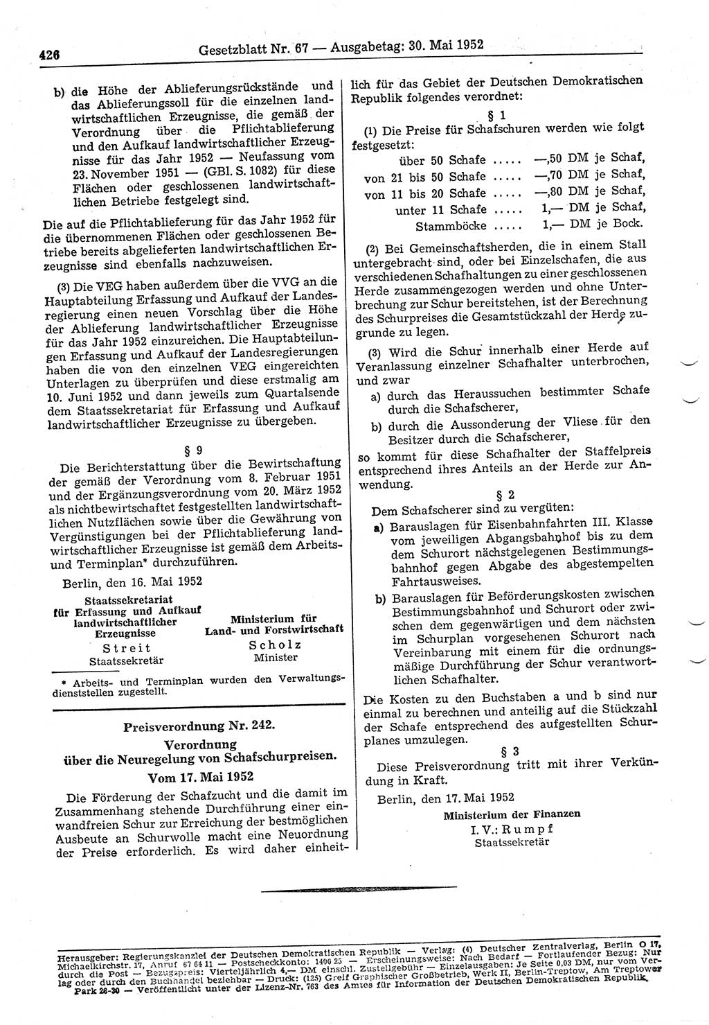 Gesetzblatt (GBl.) der Deutschen Demokratischen Republik (DDR) 1952, Seite 426 (GBl. DDR 1952, S. 426)