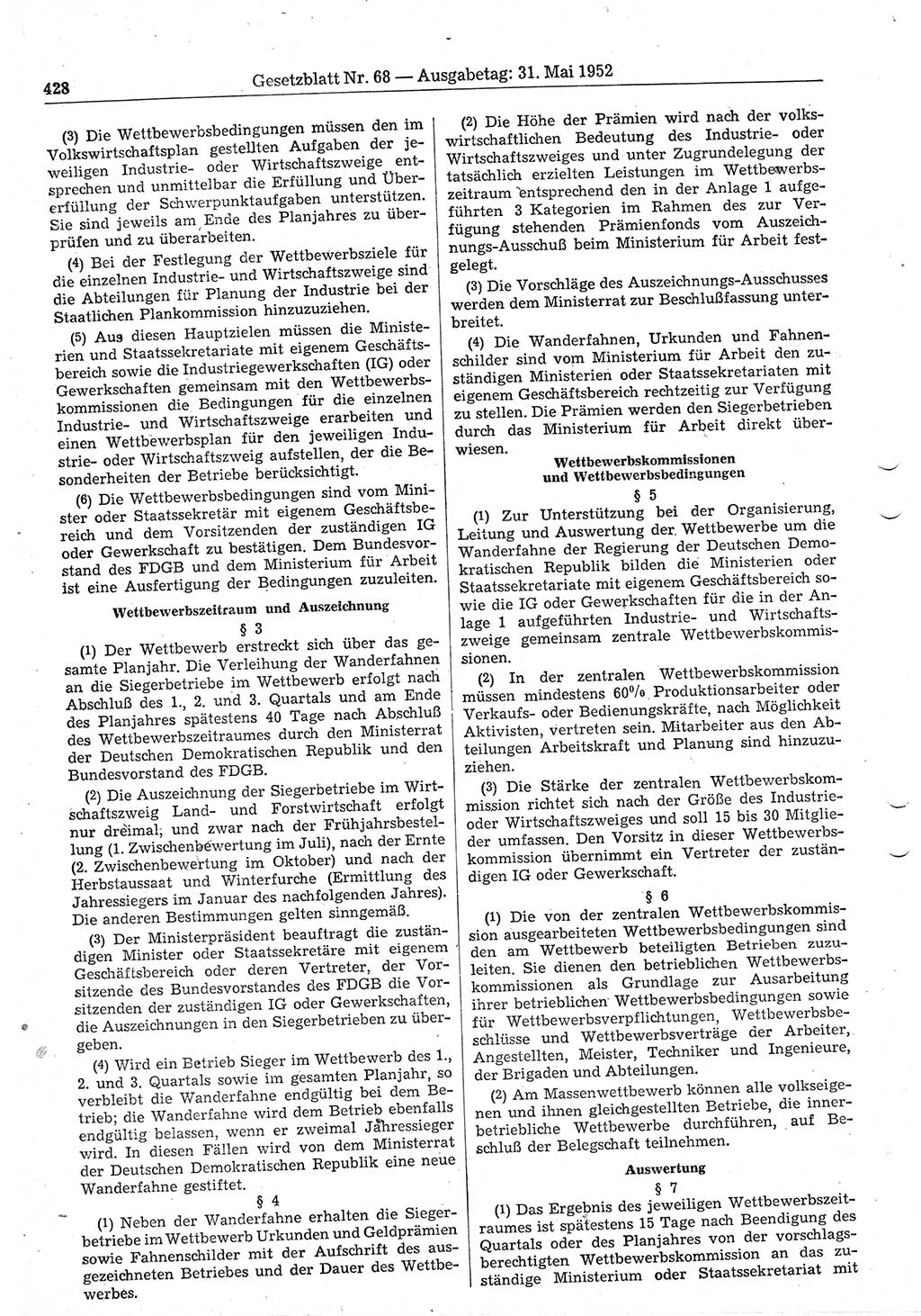 Gesetzblatt (GBl.) der Deutschen Demokratischen Republik (DDR) 1952, Seite 428 (GBl. DDR 1952, S. 428)