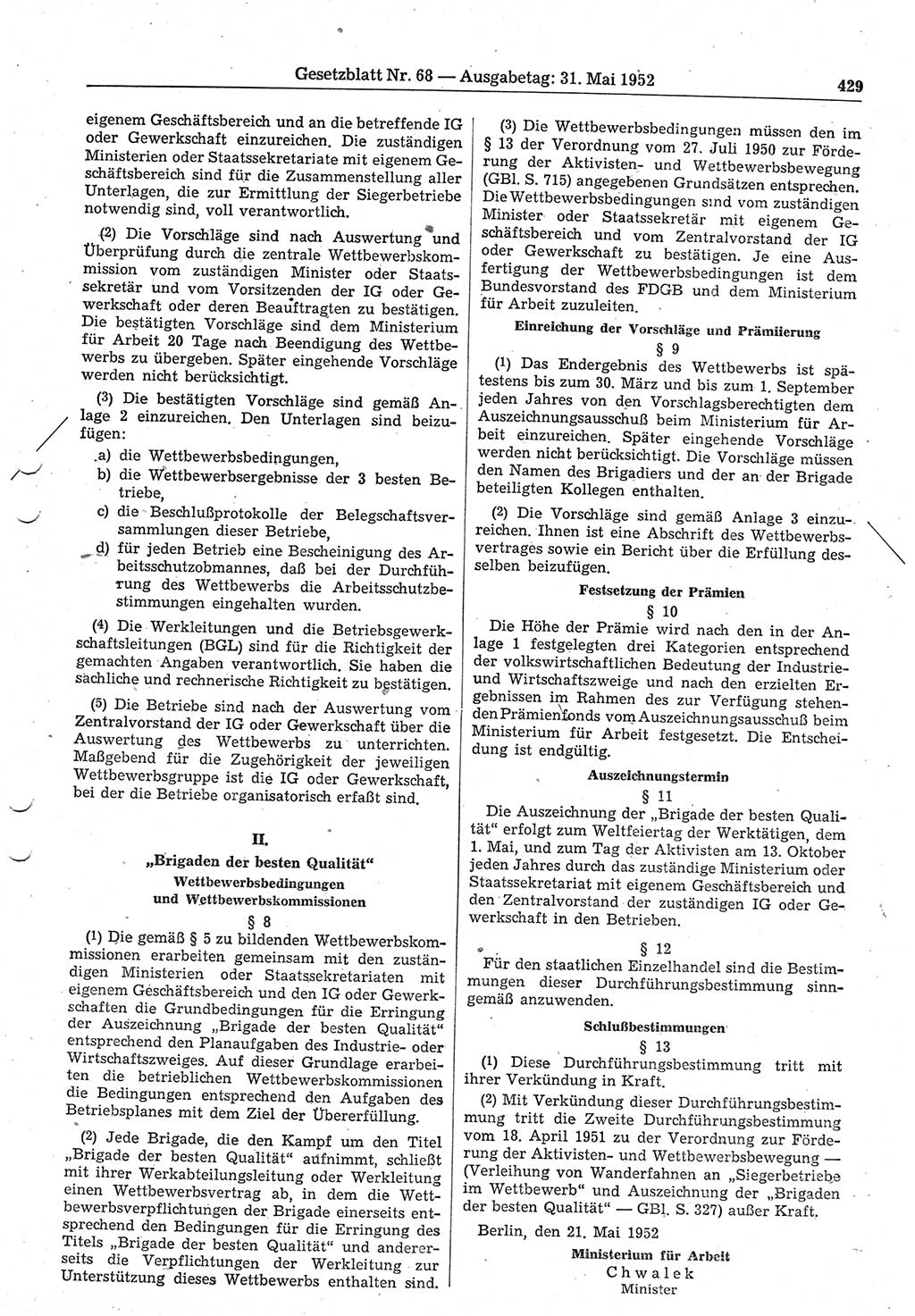 Gesetzblatt (GBl.) der Deutschen Demokratischen Republik (DDR) 1952, Seite 429 (GBl. DDR 1952, S. 429)
