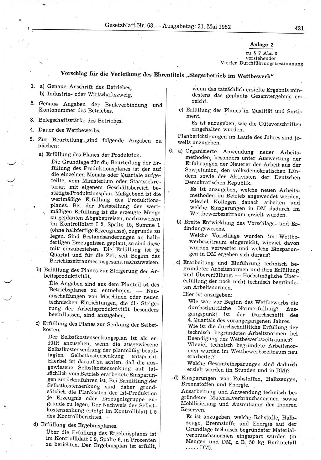 Gesetzblatt (GBl.) der Deutschen Demokratischen Republik (DDR) 1952, Seite 431 (GBl. DDR 1952, S. 431)