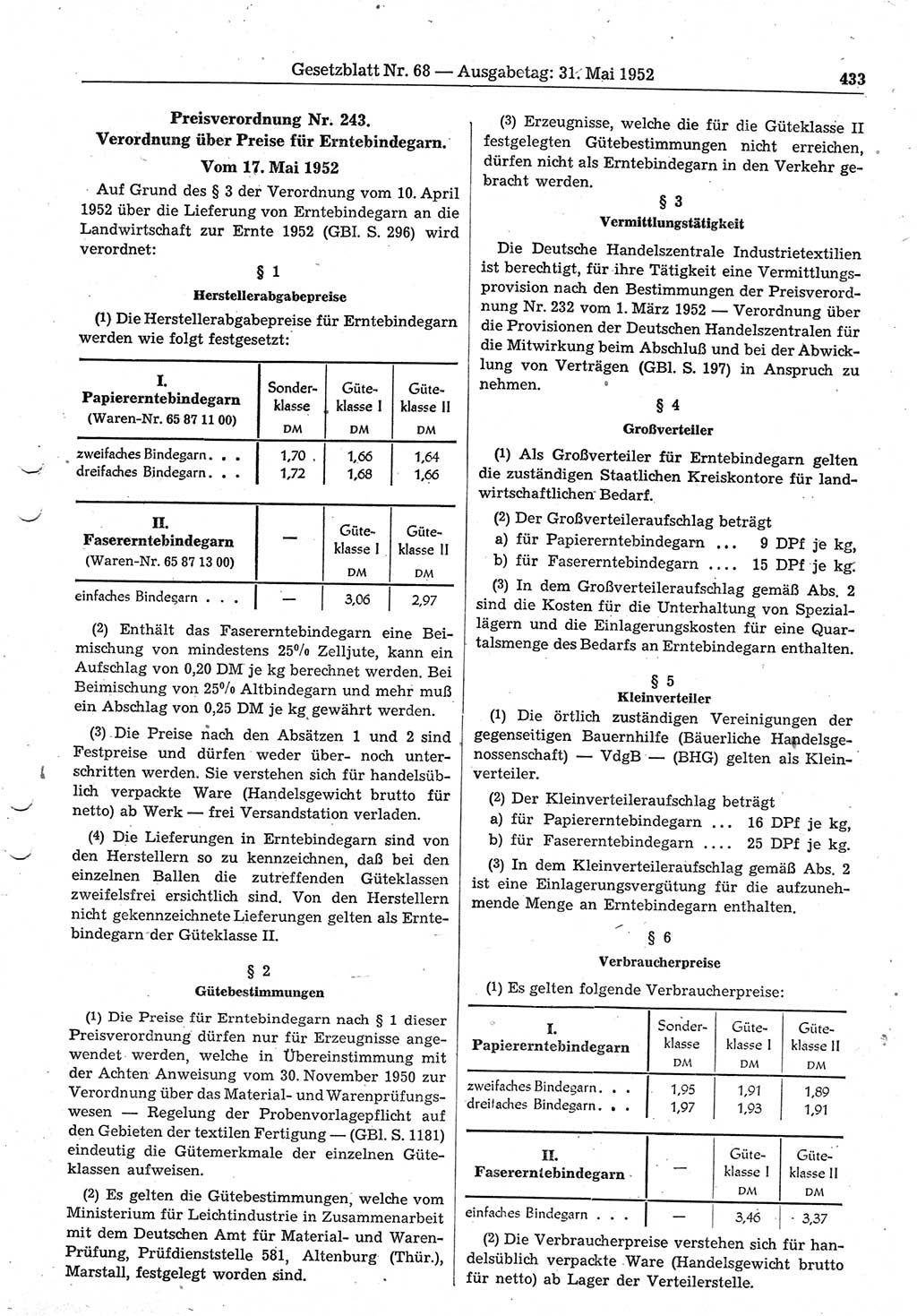 Gesetzblatt (GBl.) der Deutschen Demokratischen Republik (DDR) 1952, Seite 433 (GBl. DDR 1952, S. 433)
