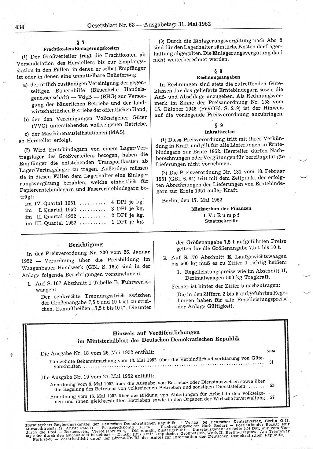 Gesetzblatt (GBl.) der Deutschen Demokratischen Republik (DDR) 1952, Seite 434 (GBl. DDR 1952, S. 434)