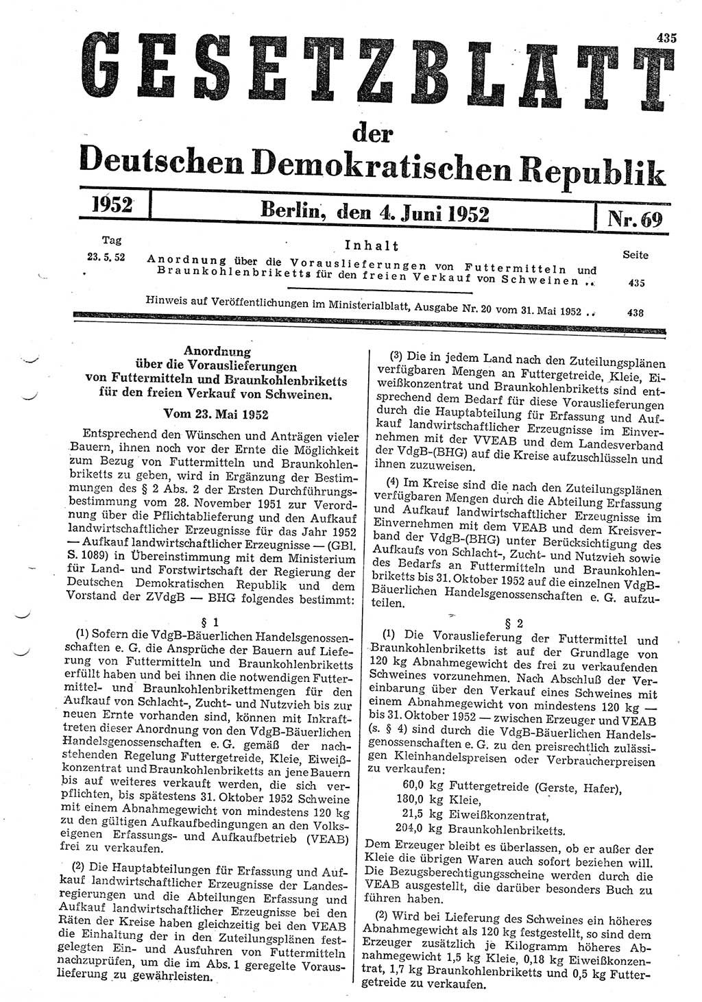 Gesetzblatt (GBl.) der Deutschen Demokratischen Republik (DDR) 1952, Seite 435 (GBl. DDR 1952, S. 435)