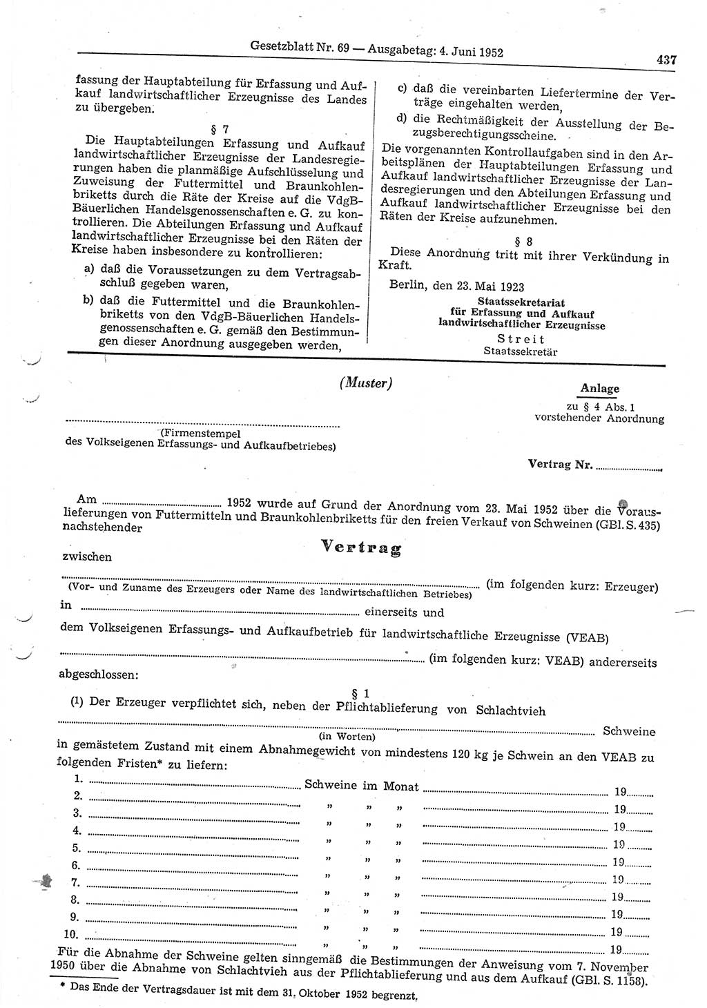 Gesetzblatt (GBl.) der Deutschen Demokratischen Republik (DDR) 1952, Seite 437 (GBl. DDR 1952, S. 437)