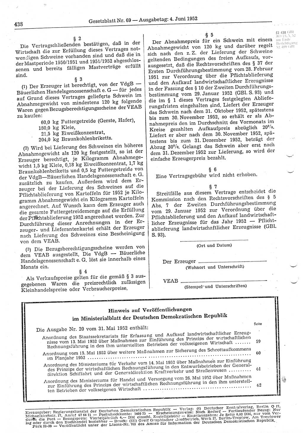 Gesetzblatt (GBl.) der Deutschen Demokratischen Republik (DDR) 1952, Seite 438 (GBl. DDR 1952, S. 438)