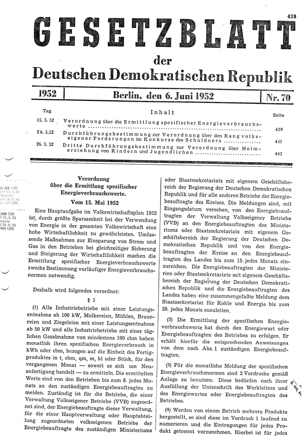 Gesetzblatt (GBl.) der Deutschen Demokratischen Republik (DDR) 1952, Seite 439 (GBl. DDR 1952, S. 439)