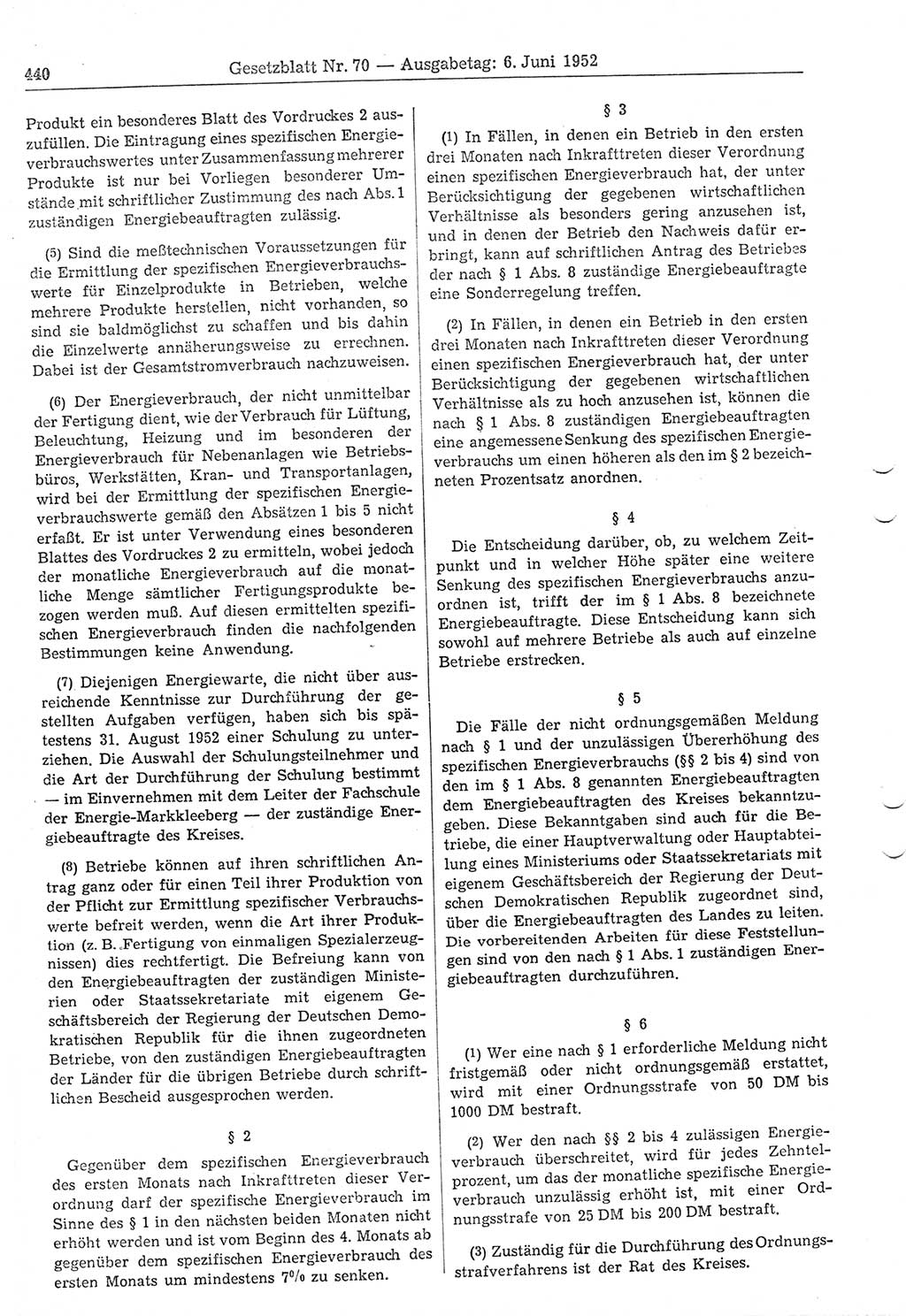 Gesetzblatt (GBl.) der Deutschen Demokratischen Republik (DDR) 1952, Seite 440 (GBl. DDR 1952, S. 440)