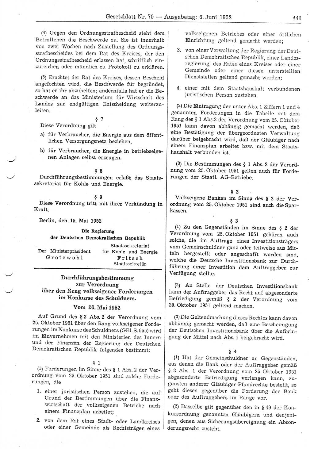 Gesetzblatt (GBl.) der Deutschen Demokratischen Republik (DDR) 1952, Seite 441 (GBl. DDR 1952, S. 441)