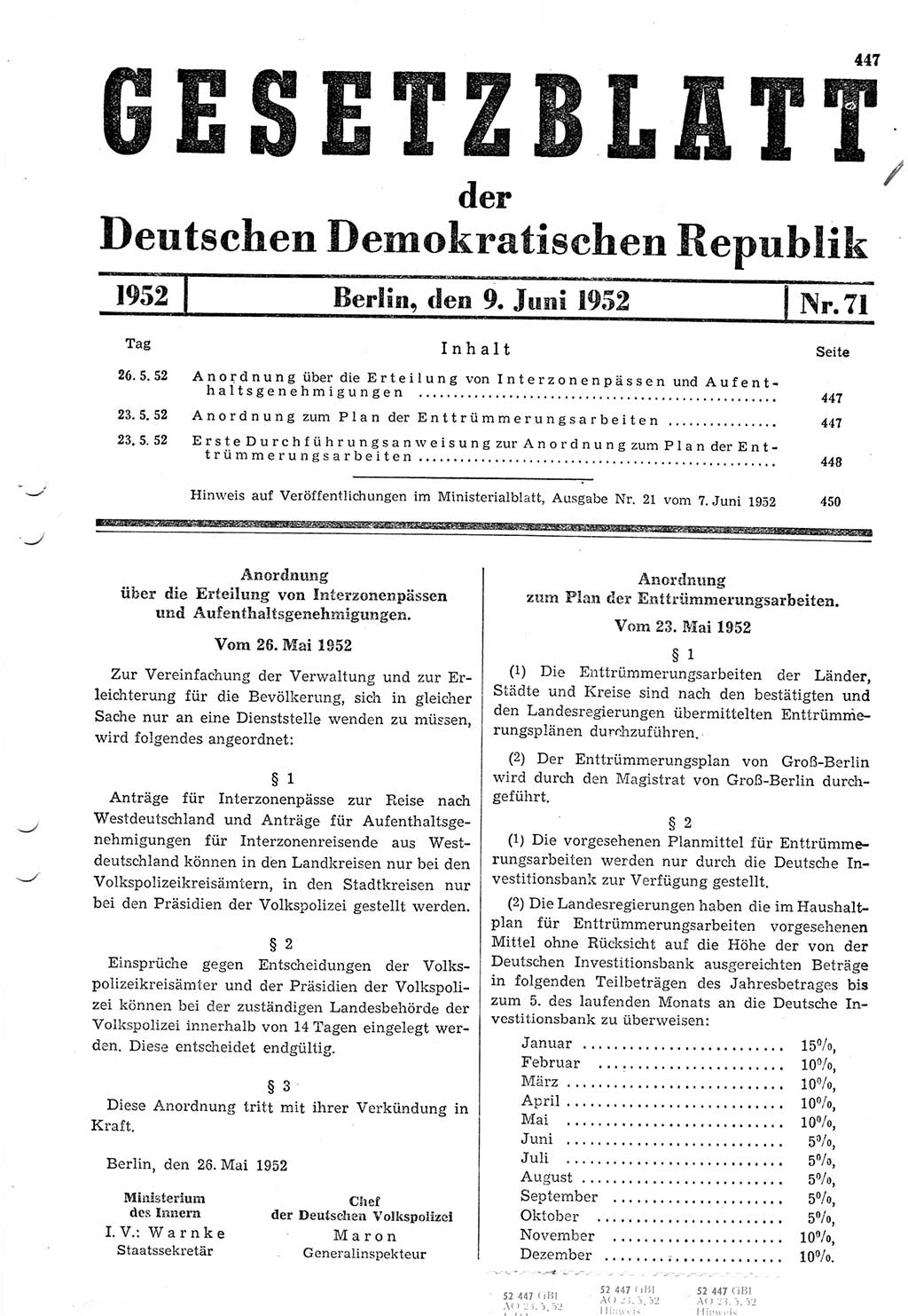 Gesetzblatt (GBl.) der Deutschen Demokratischen Republik (DDR) 1952, Seite 447 (GBl. DDR 1952, S. 447)