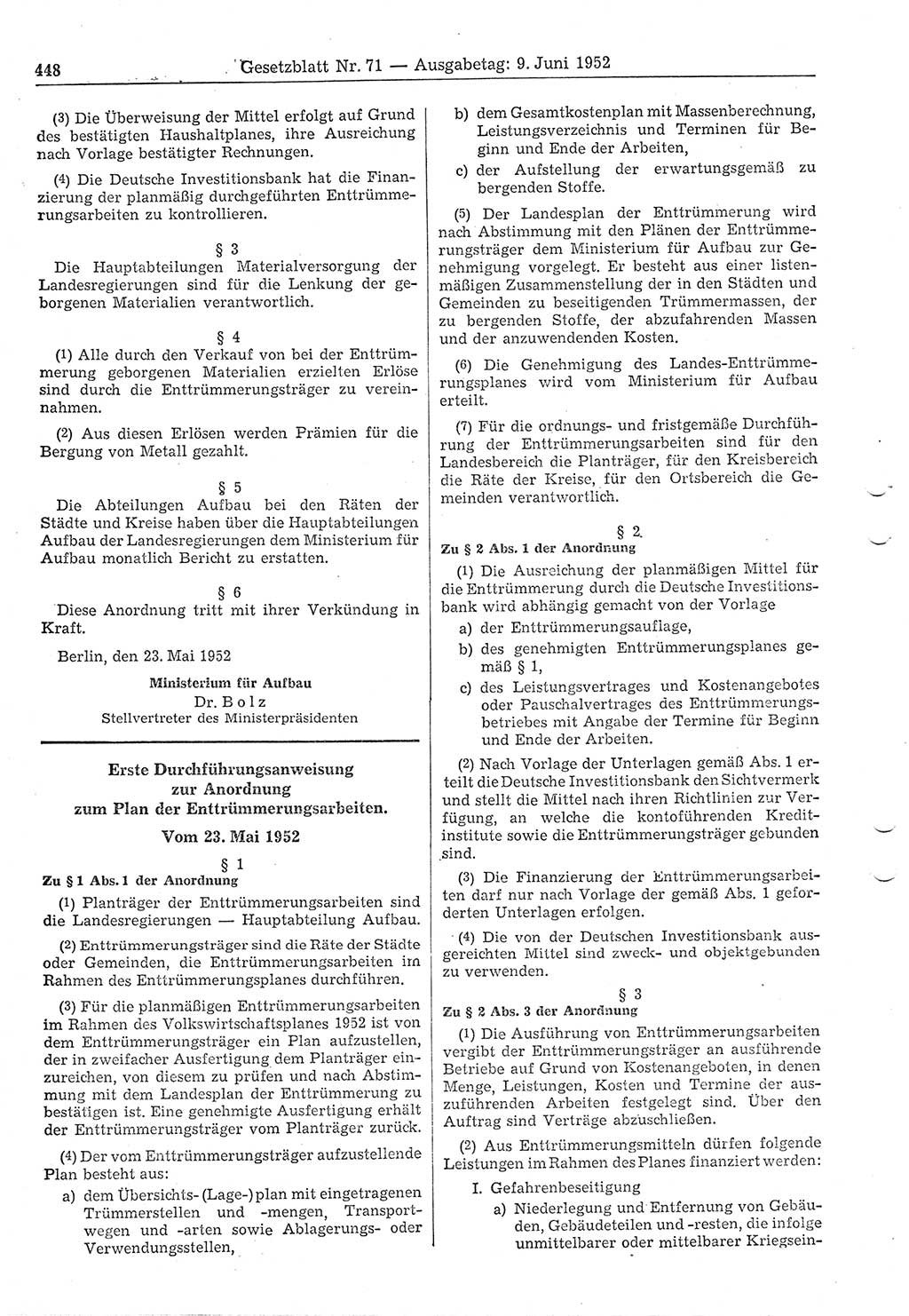 Gesetzblatt (GBl.) der Deutschen Demokratischen Republik (DDR) 1952, Seite 448 (GBl. DDR 1952, S. 448)