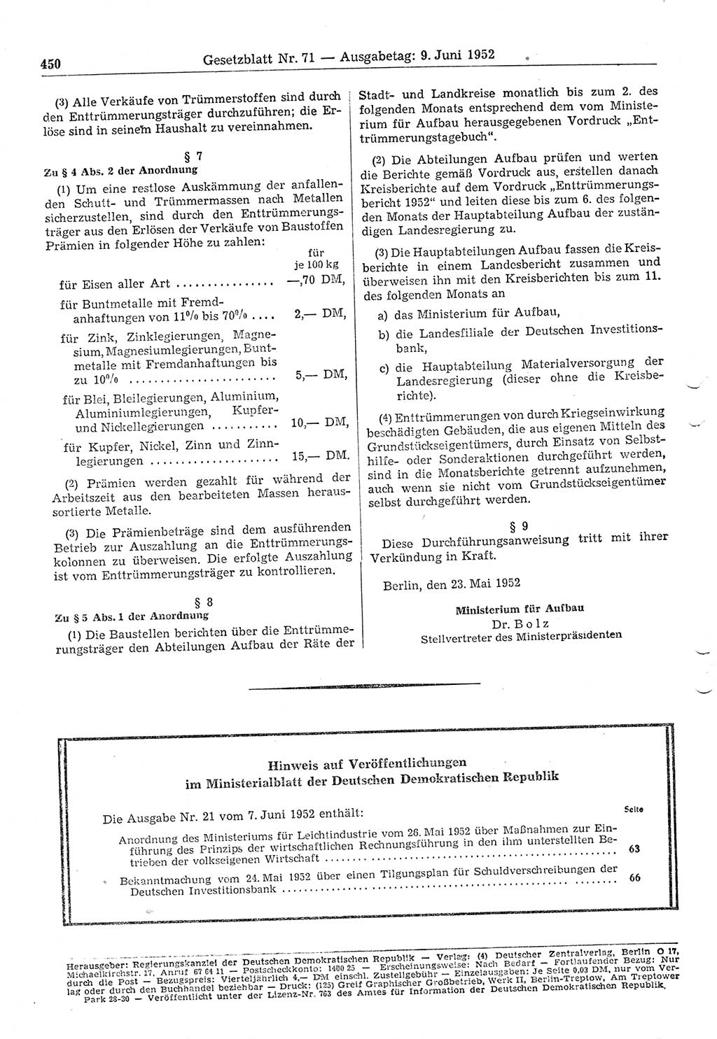 Gesetzblatt (GBl.) der Deutschen Demokratischen Republik (DDR) 1952, Seite 450 (GBl. DDR 1952, S. 450)