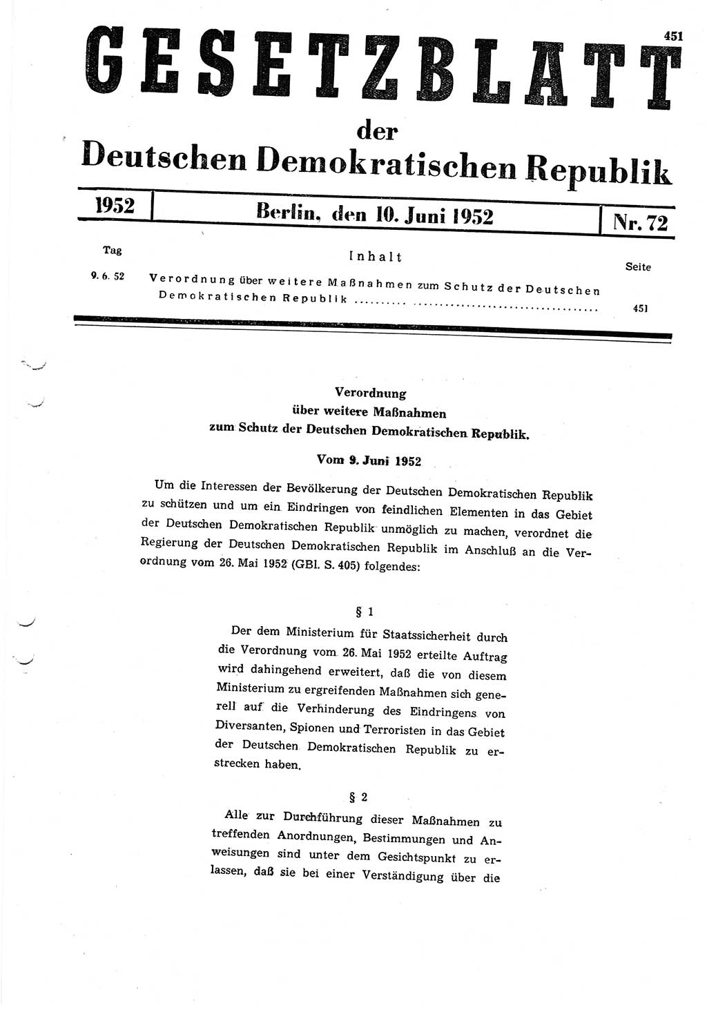 Gesetzblatt (GBl.) der Deutschen Demokratischen Republik (DDR) 1952, Seite 451 (GBl. DDR 1952, S. 451)