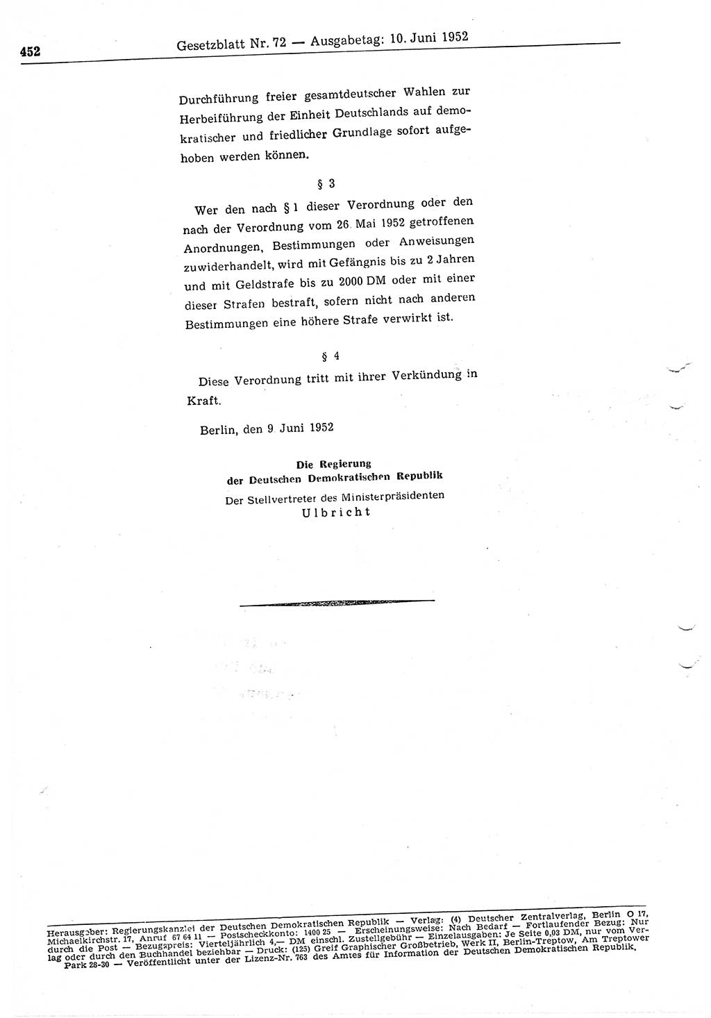 Gesetzblatt (GBl.) der Deutschen Demokratischen Republik (DDR) 1952, Seite 452 (GBl. DDR 1952, S. 452)
