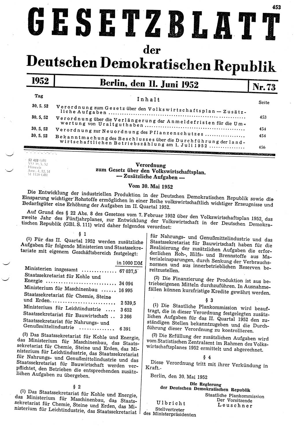 Gesetzblatt (GBl.) der Deutschen Demokratischen Republik (DDR) 1952, Seite 453 (GBl. DDR 1952, S. 453)