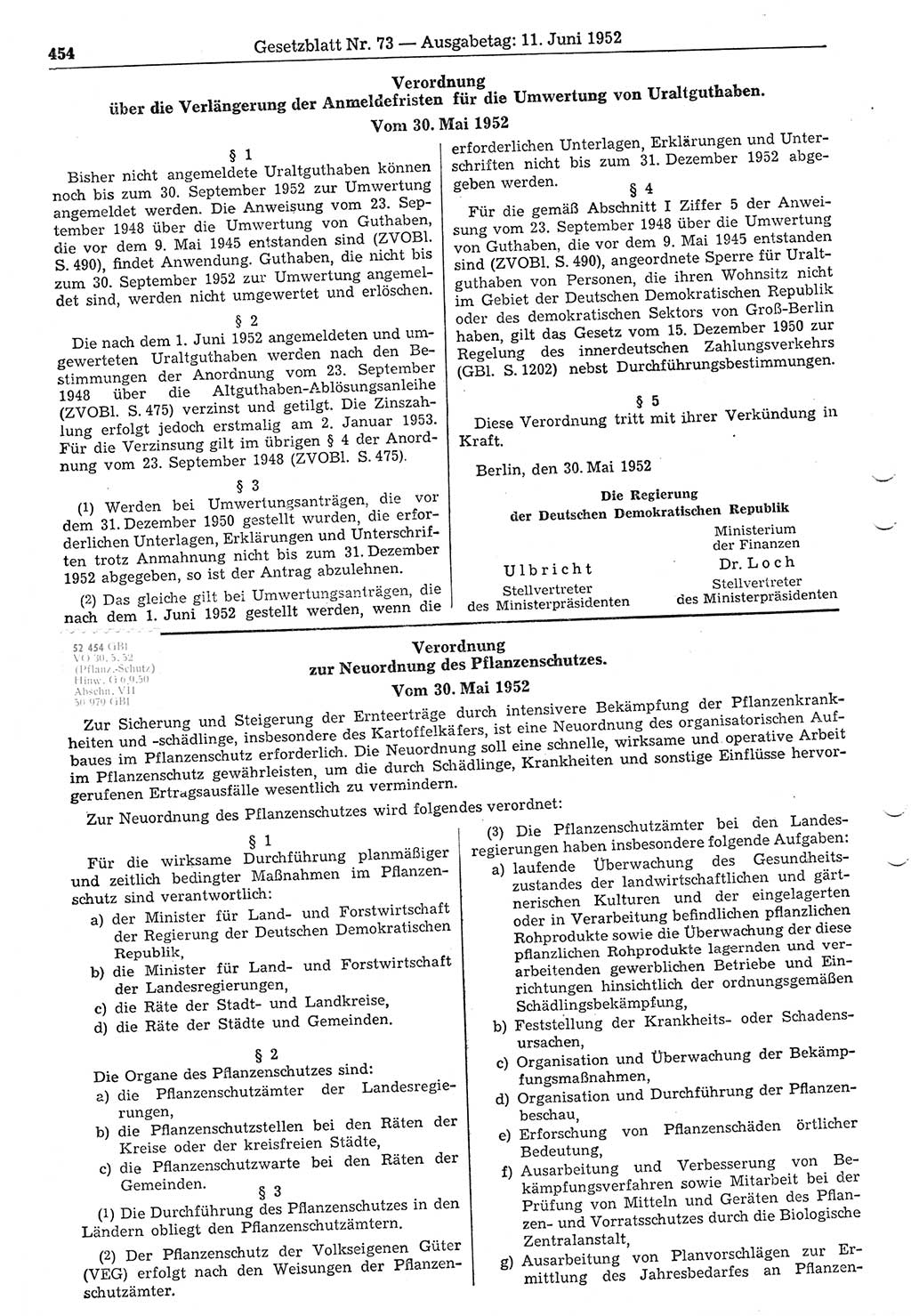 Gesetzblatt (GBl.) der Deutschen Demokratischen Republik (DDR) 1952, Seite 454 (GBl. DDR 1952, S. 454)