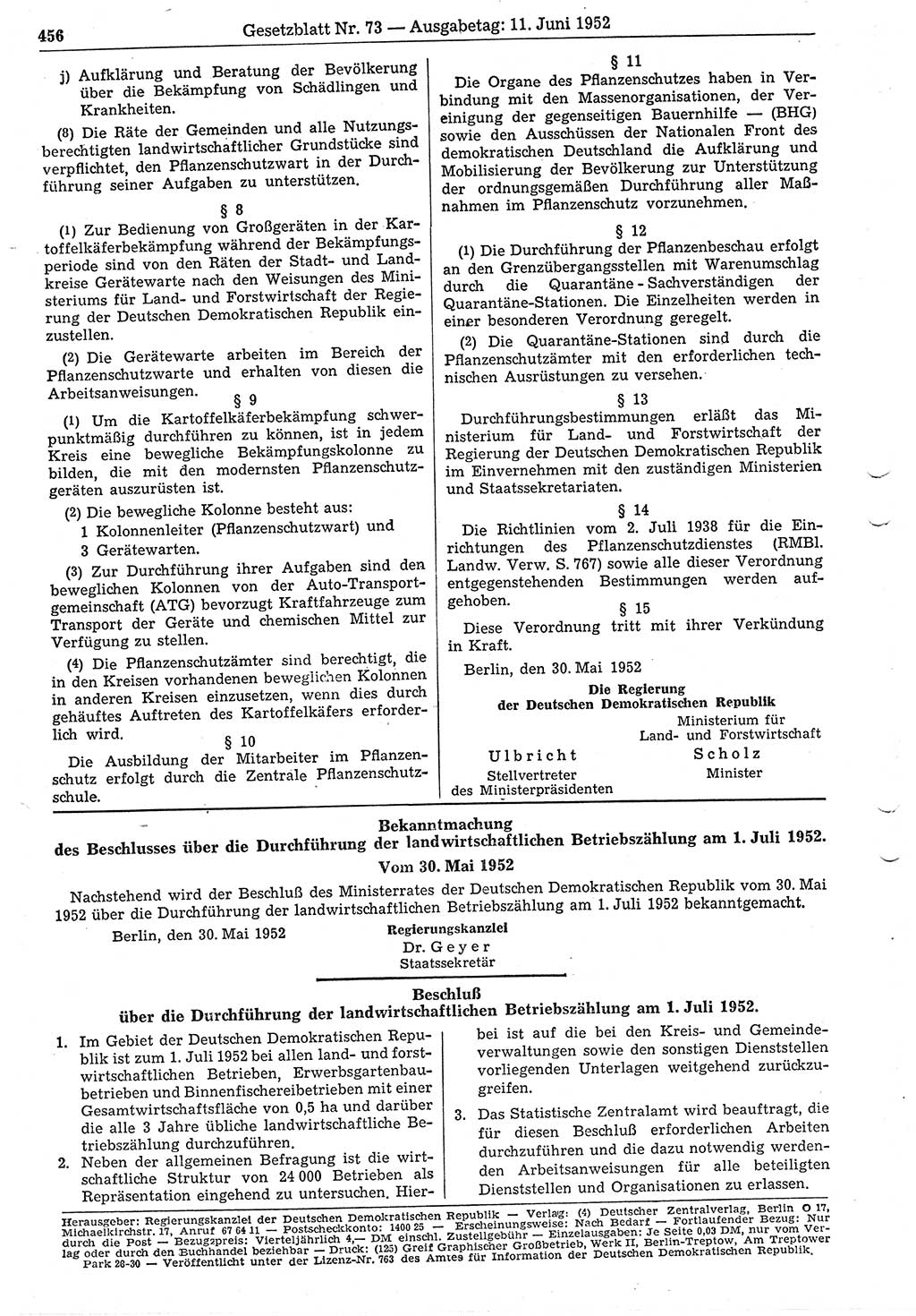 Gesetzblatt (GBl.) der Deutschen Demokratischen Republik (DDR) 1952, Seite 456 (GBl. DDR 1952, S. 456)