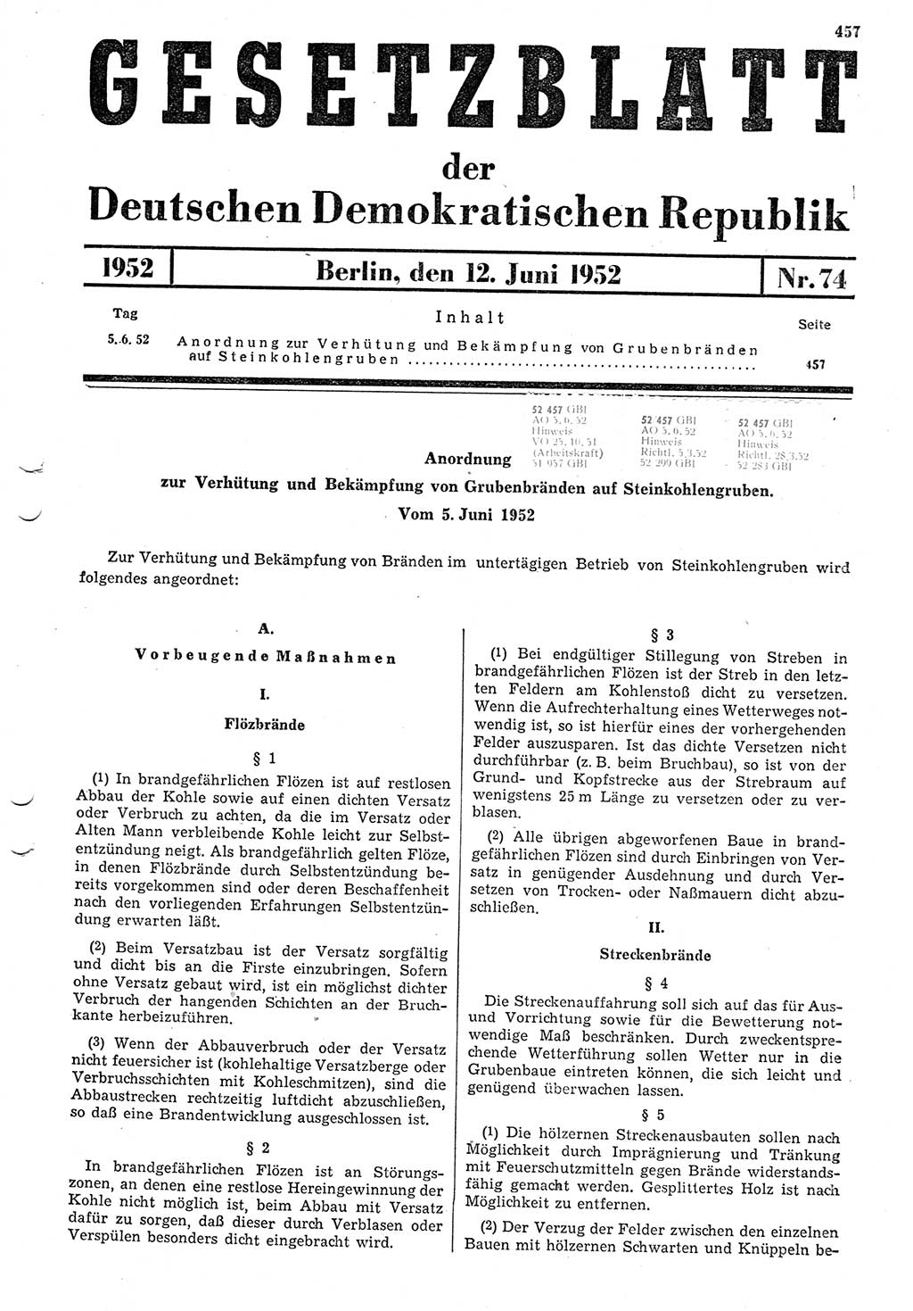 Gesetzblatt (GBl.) der Deutschen Demokratischen Republik (DDR) 1952, Seite 457 (GBl. DDR 1952, S. 457)